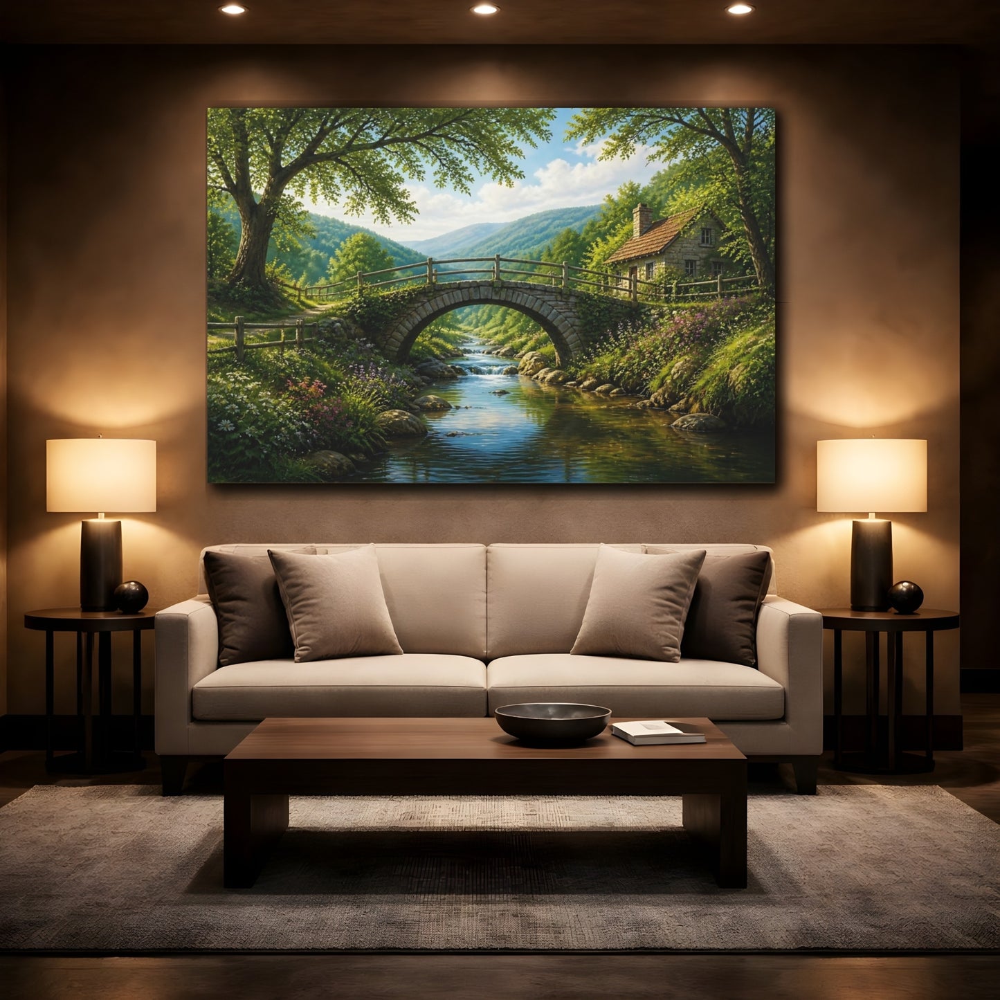 Mockup 2. Stone Bridge Landscape Cottage shown as canvas print