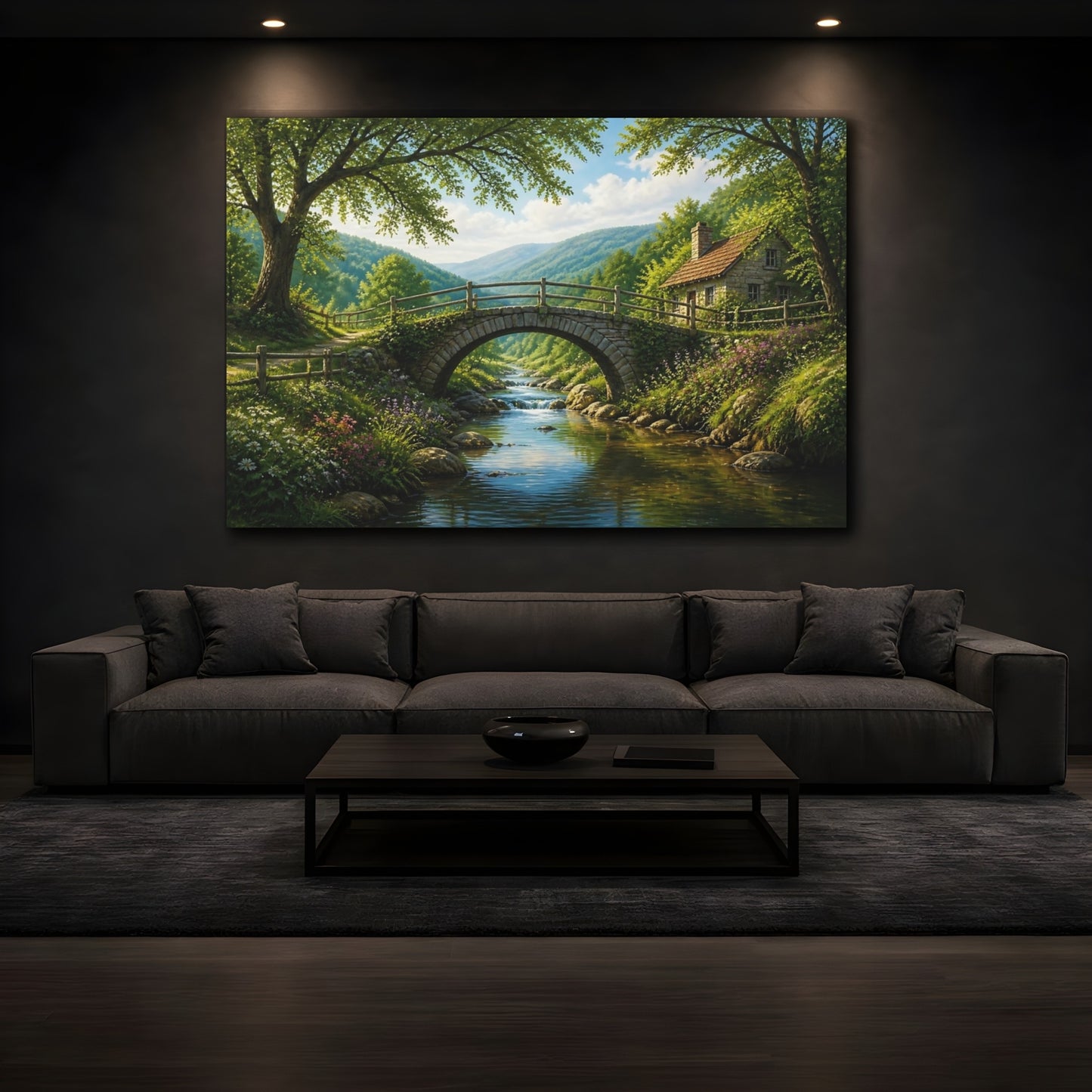 Mockup 3. Stone Bridge Landscape Cottage shown as canvas print