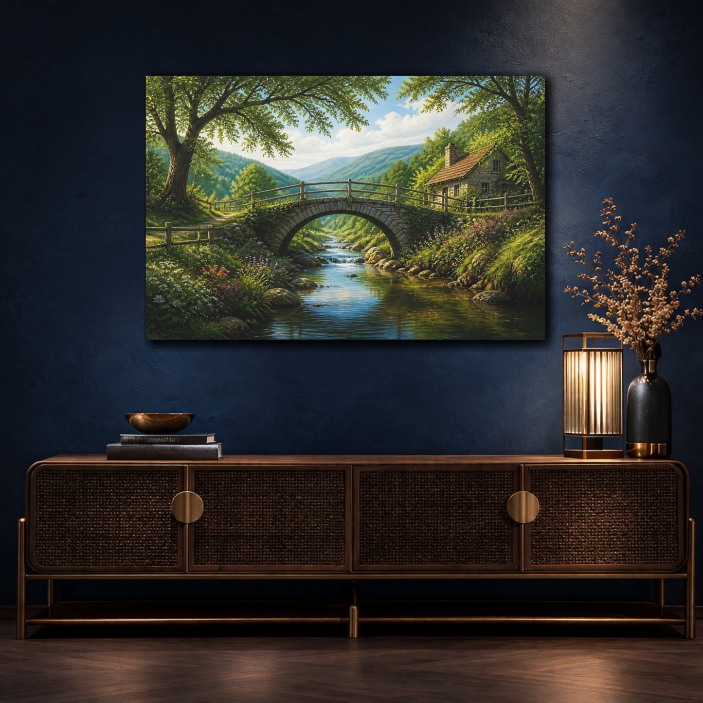 Mockup 4. Stone Bridge Landscape Cottage shown as canvas print