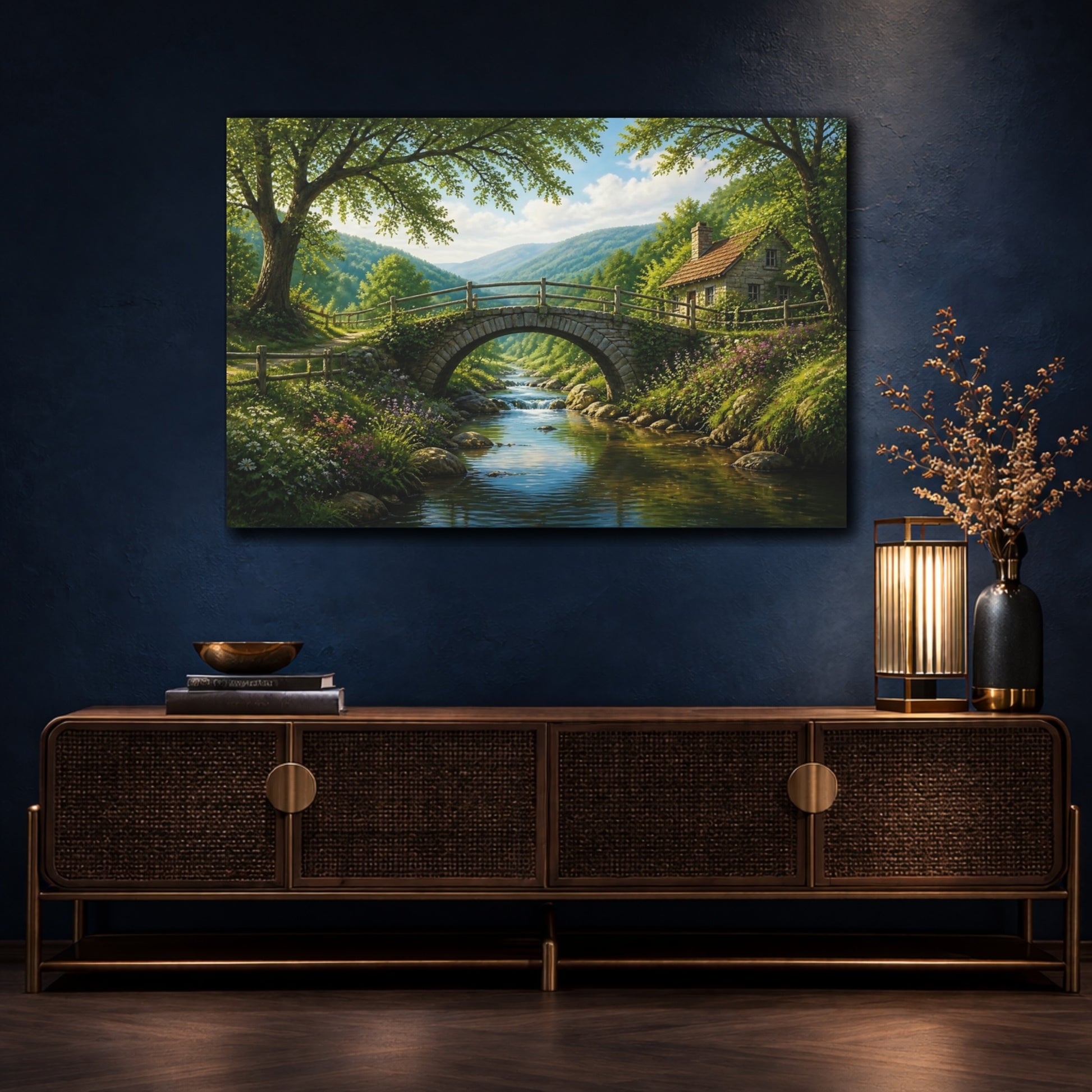 Mockup 4. Stone Bridge Landscape Cottage shown as canvas print