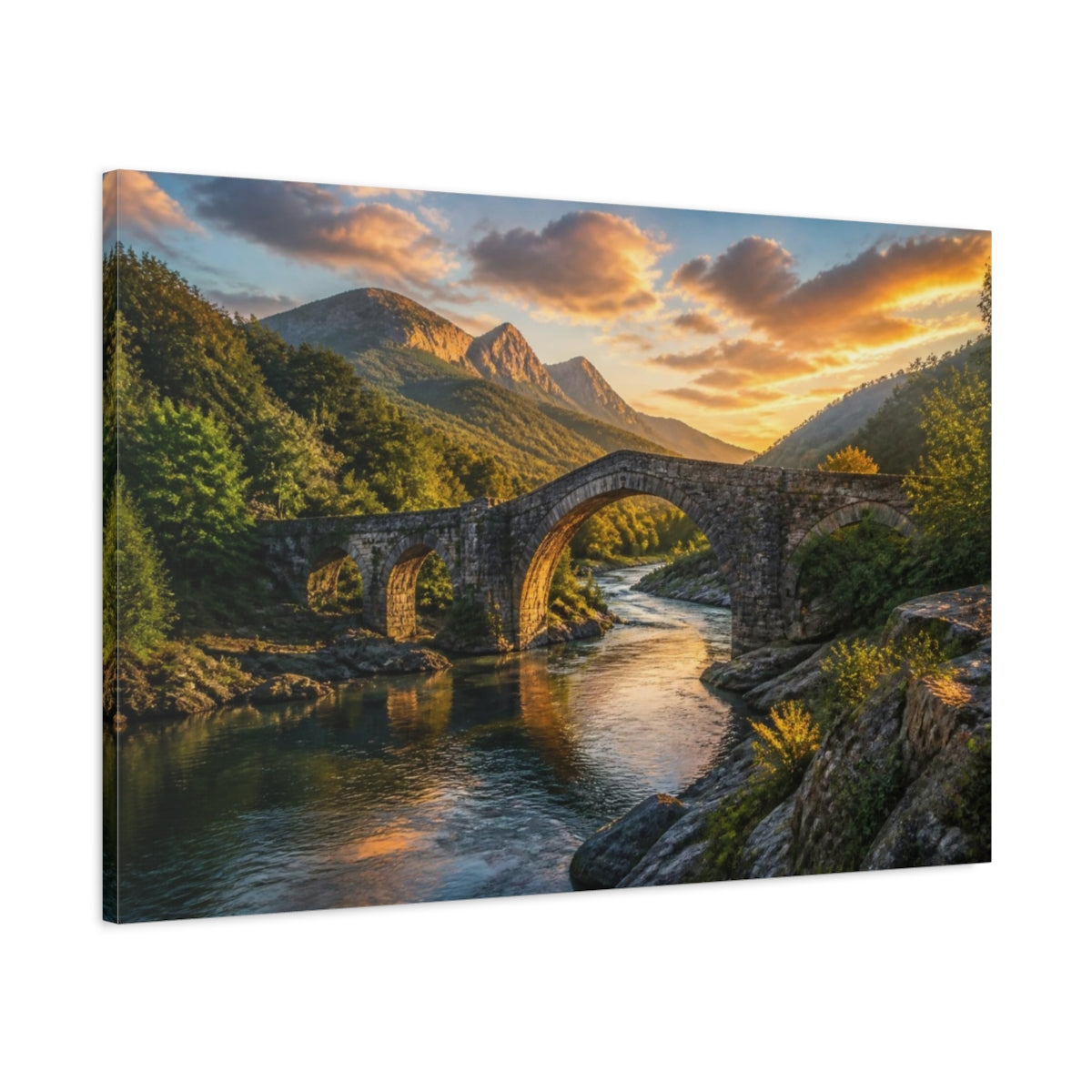 Main Mockup. Stone Bridge Landscape Sunset shown as canvas print