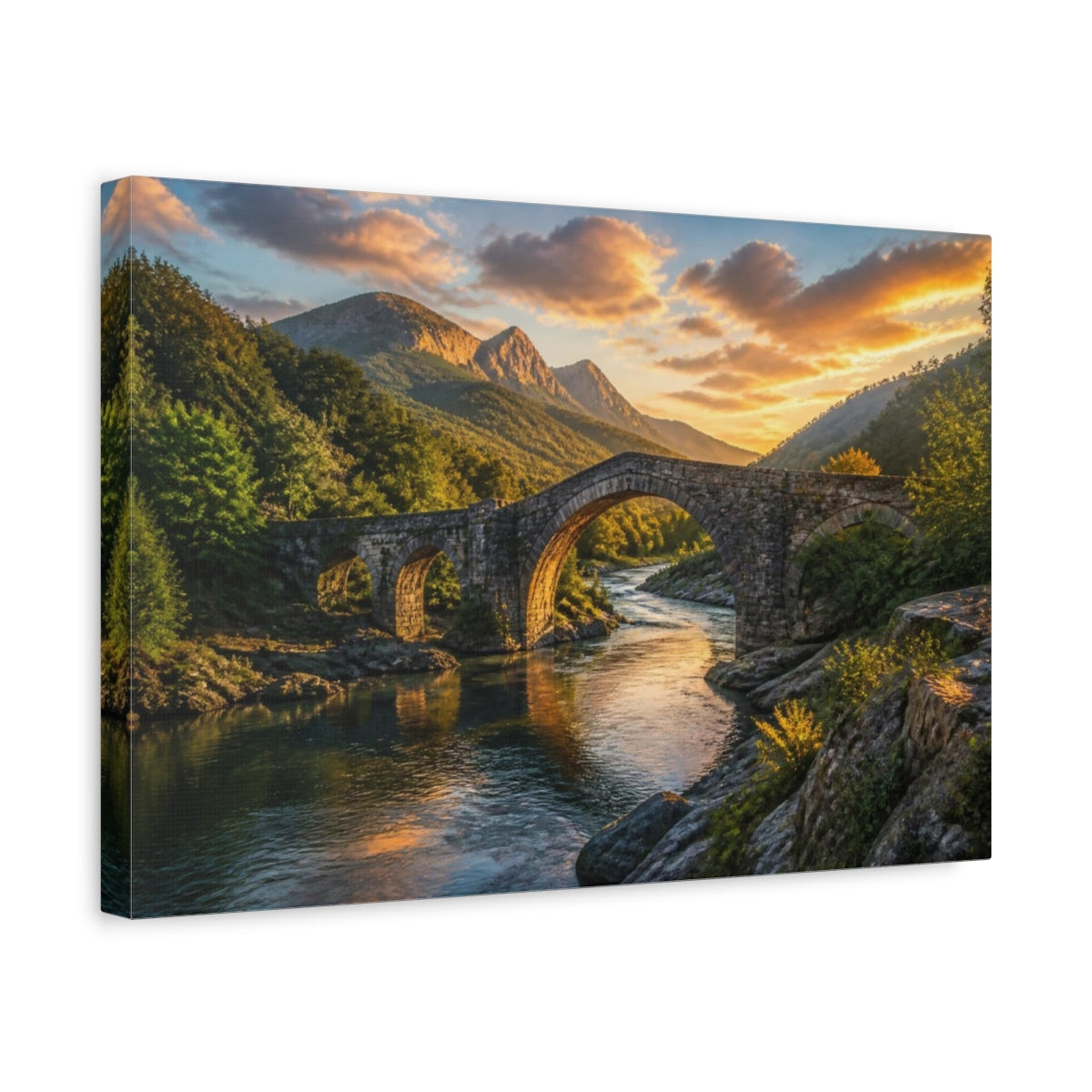 Side Mockup 4. Stone Bridge Landscape Sunset shown as canvas print
