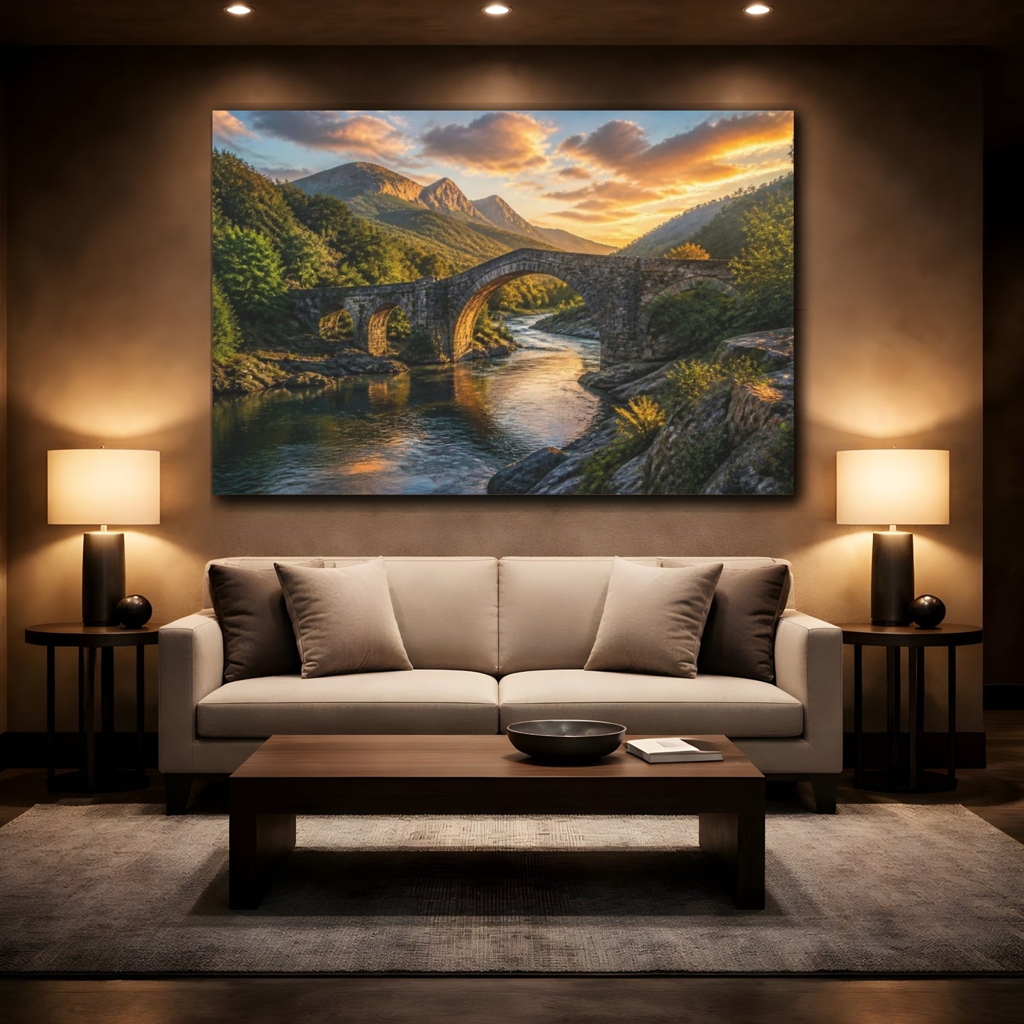 Mockup 2. Stone Bridge Landscape Sunset shown as canvas print