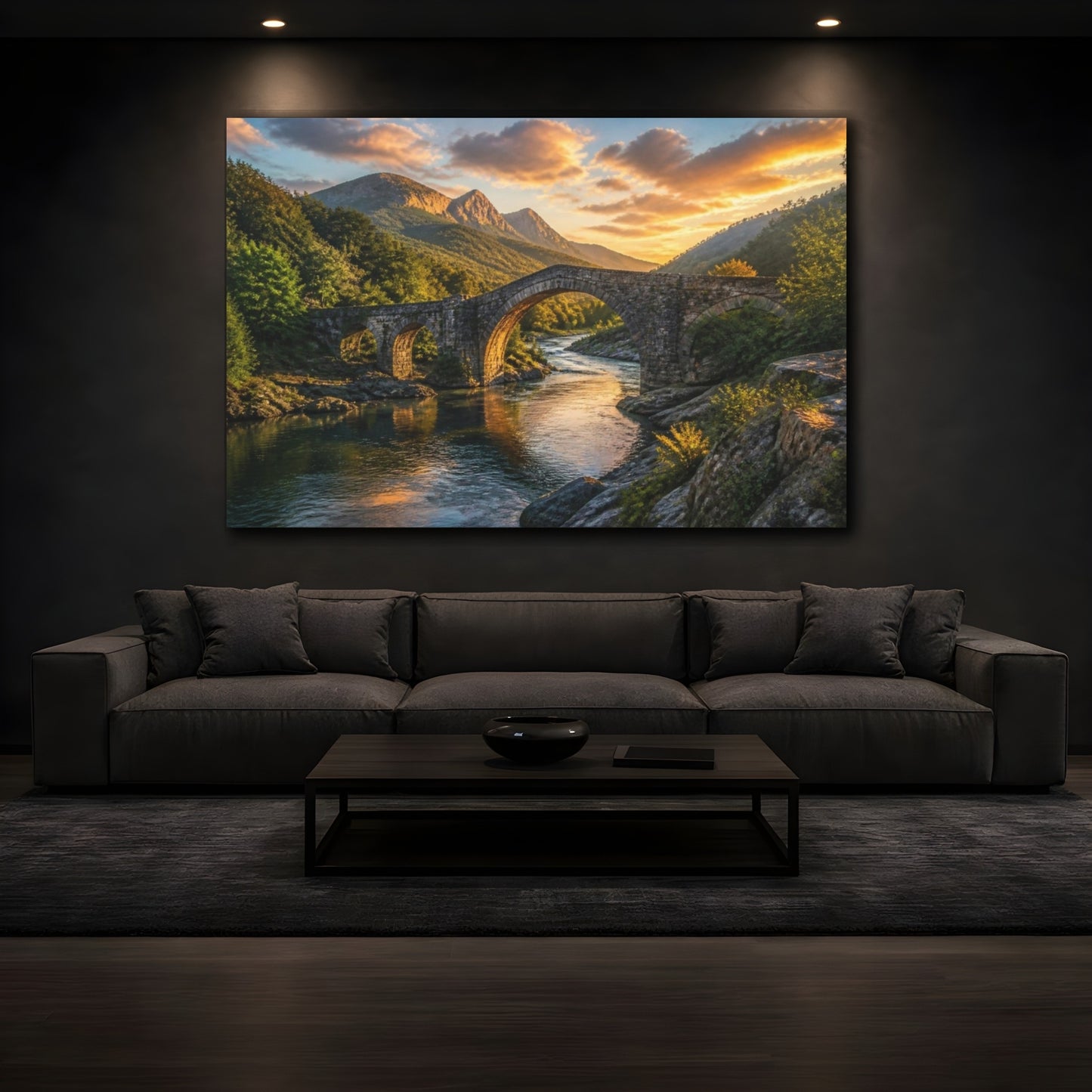 Mockup 3. Stone Bridge Landscape Sunset shown as canvas print