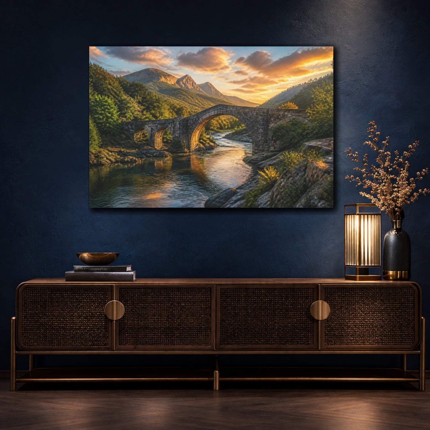 Mockup 4. Stone Bridge Landscape Sunset shown as canvas print