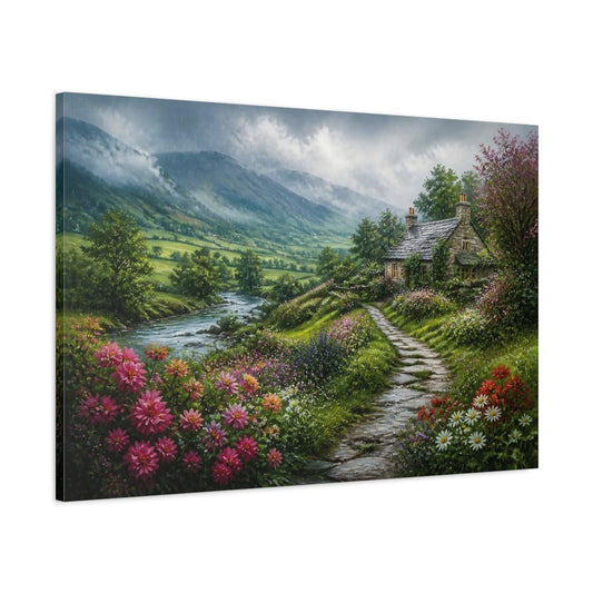 Main Mockup. Stone Cottage Landscape Retreat shown as canvas print