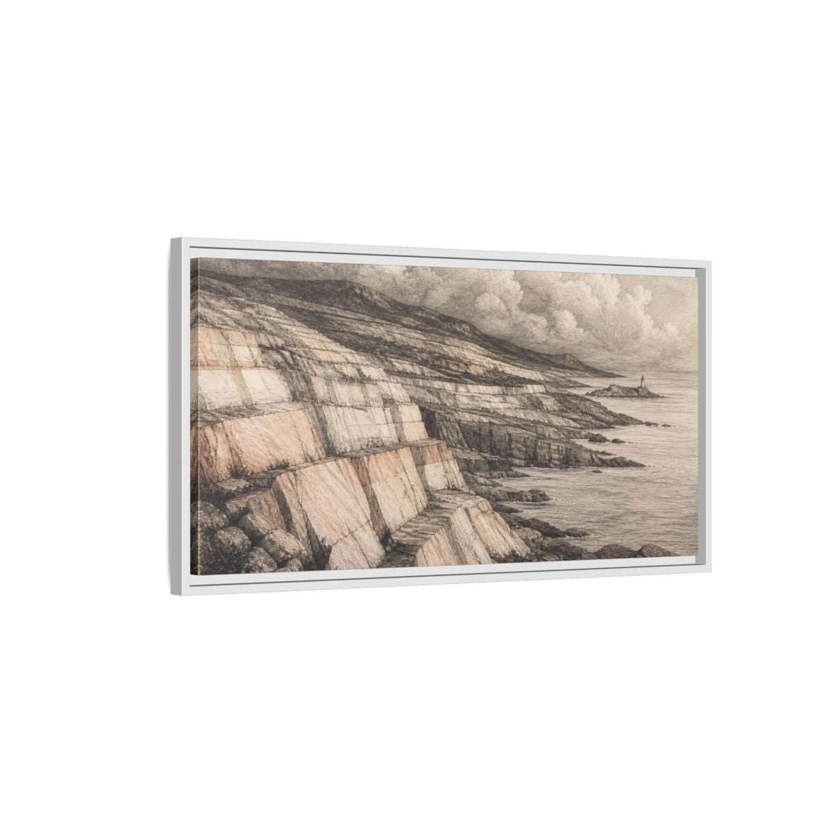 Side Mockup 1. Stone Strata Coastline shown as framed canvas print