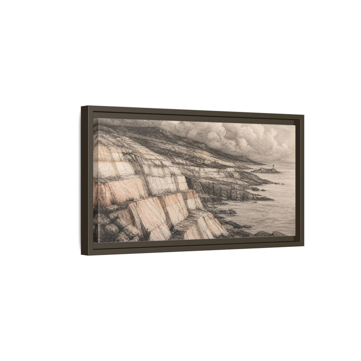 Side Mockup 7. Stone Strata Coastline shown as framed canvas print