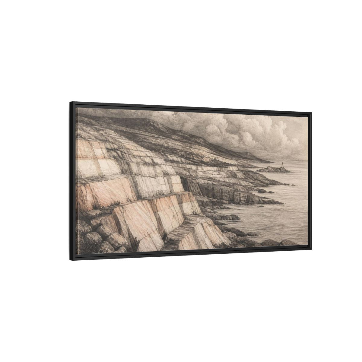Side Mockup 5. Stone Strata Coastline shown as framed canvas print