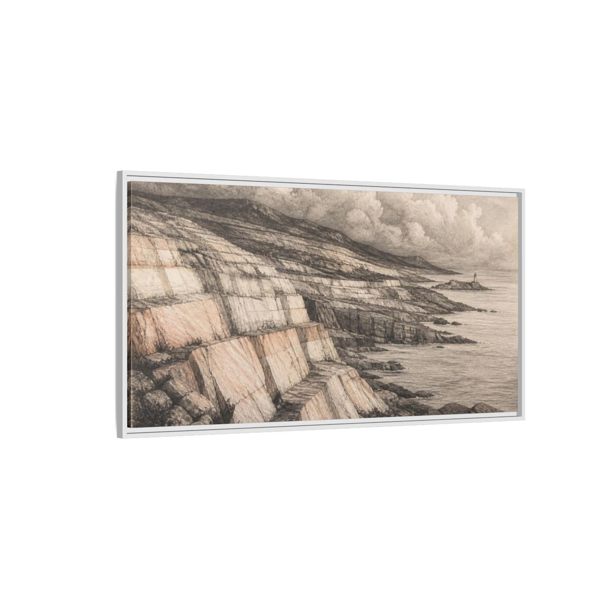 Side Mockup 3. Stone Strata Coastline shown as framed canvas print