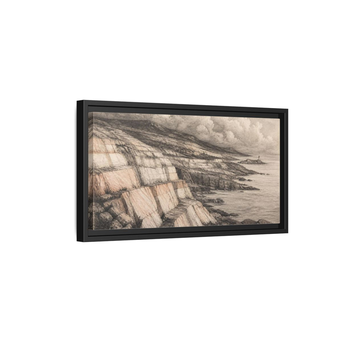 Side Mockup 8. Stone Strata Coastline shown as framed canvas print