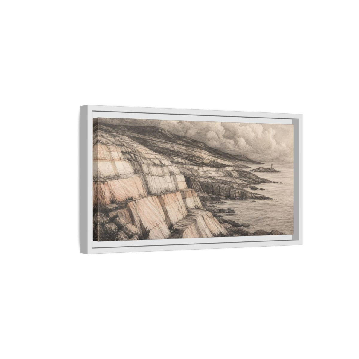 Side Mockup 6. Stone Strata Coastline shown as framed canvas print