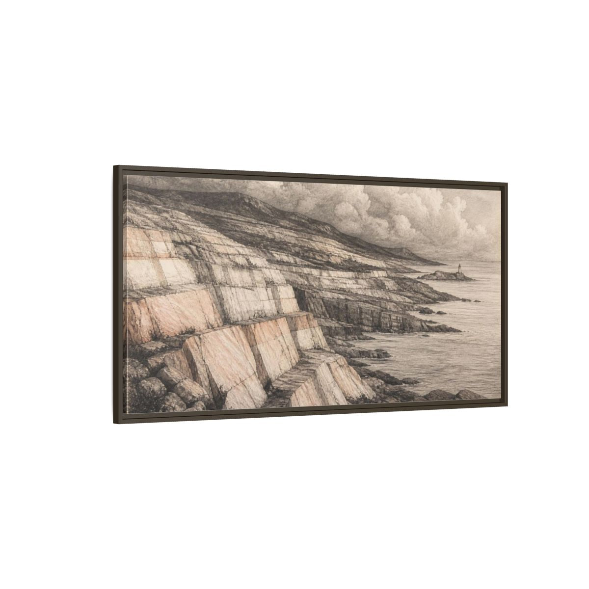 Side Mockup 4. Stone Strata Coastline shown as framed canvas print