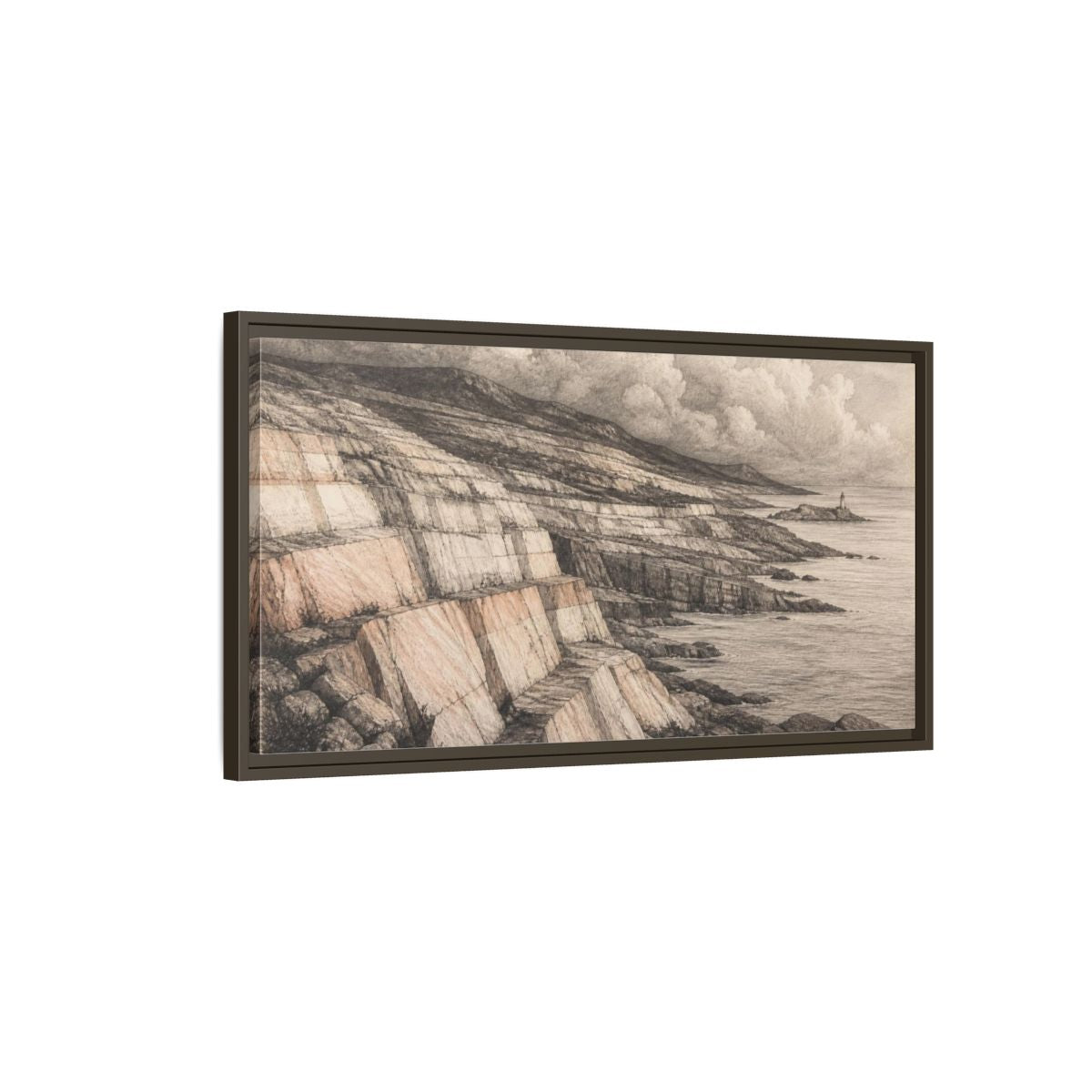 Main Mockup. Stone Strata Coastline shown as framed canvas print