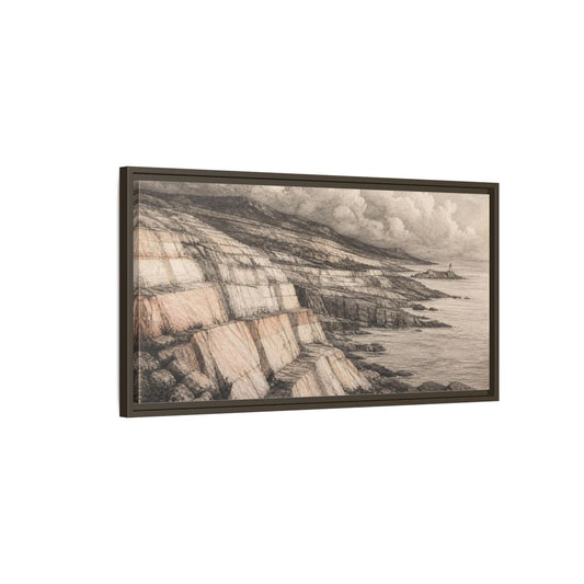 Main Mockup. Stone Strata Coastline shown as framed canvas print