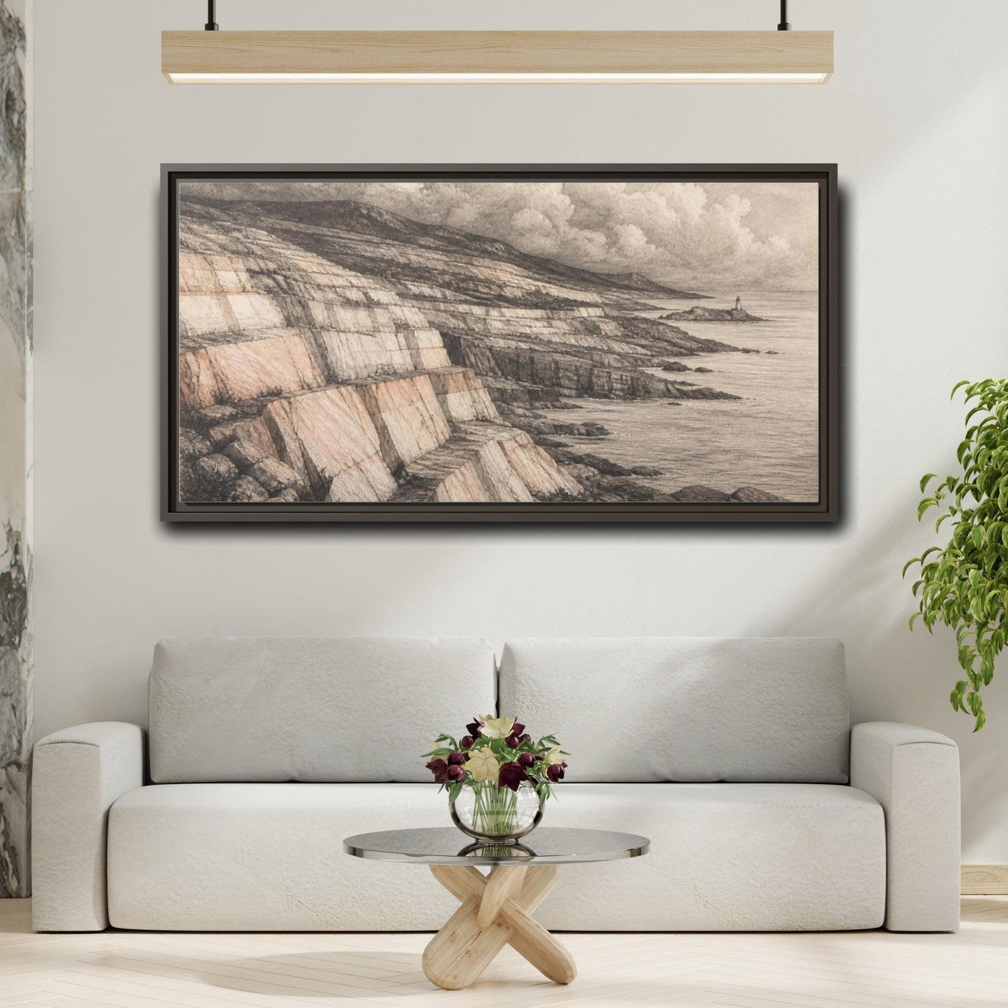 Mockup 2. Stone Strata Coastline shown as framed canvas print