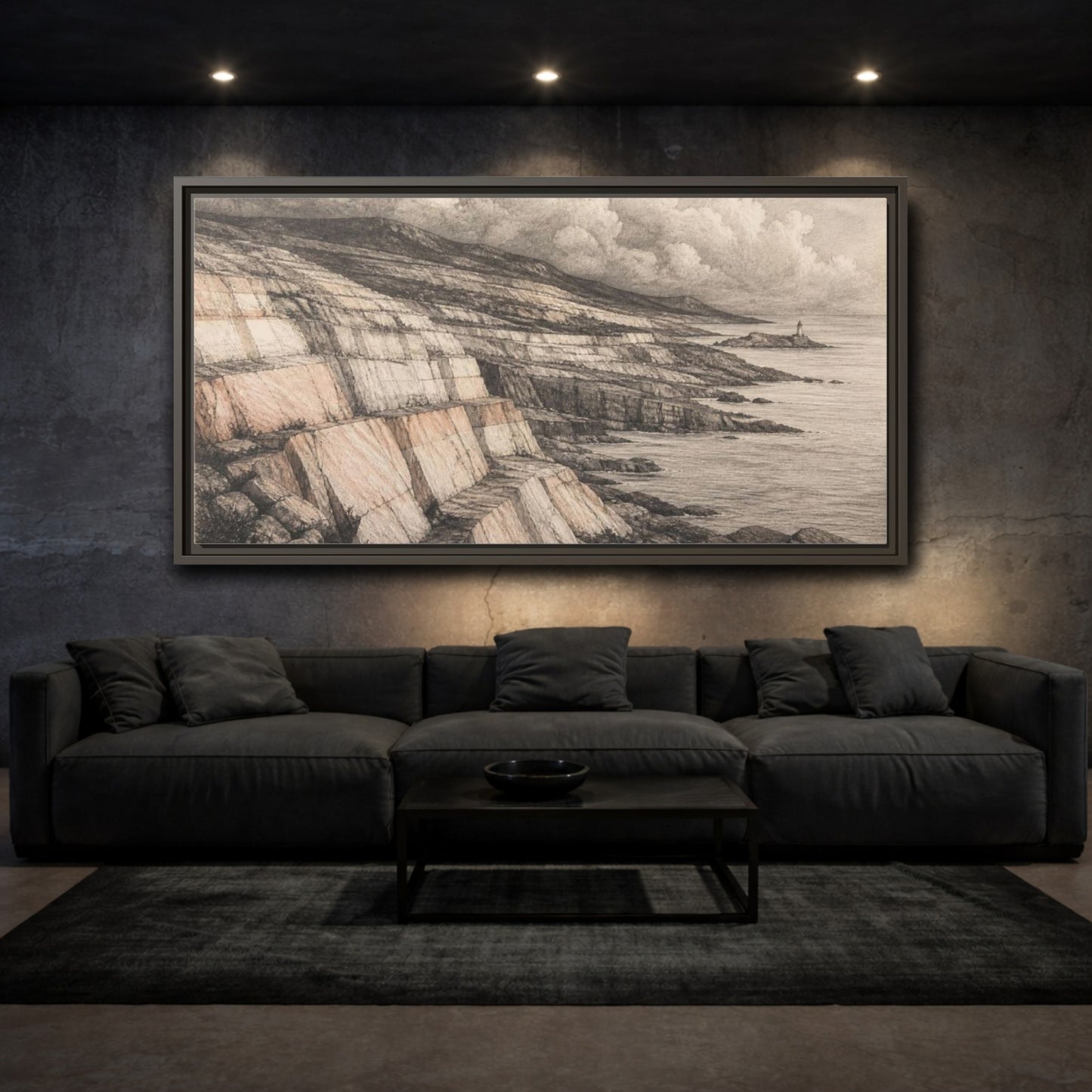 Mockup 3. Stone Strata Coastline shown as framed canvas print