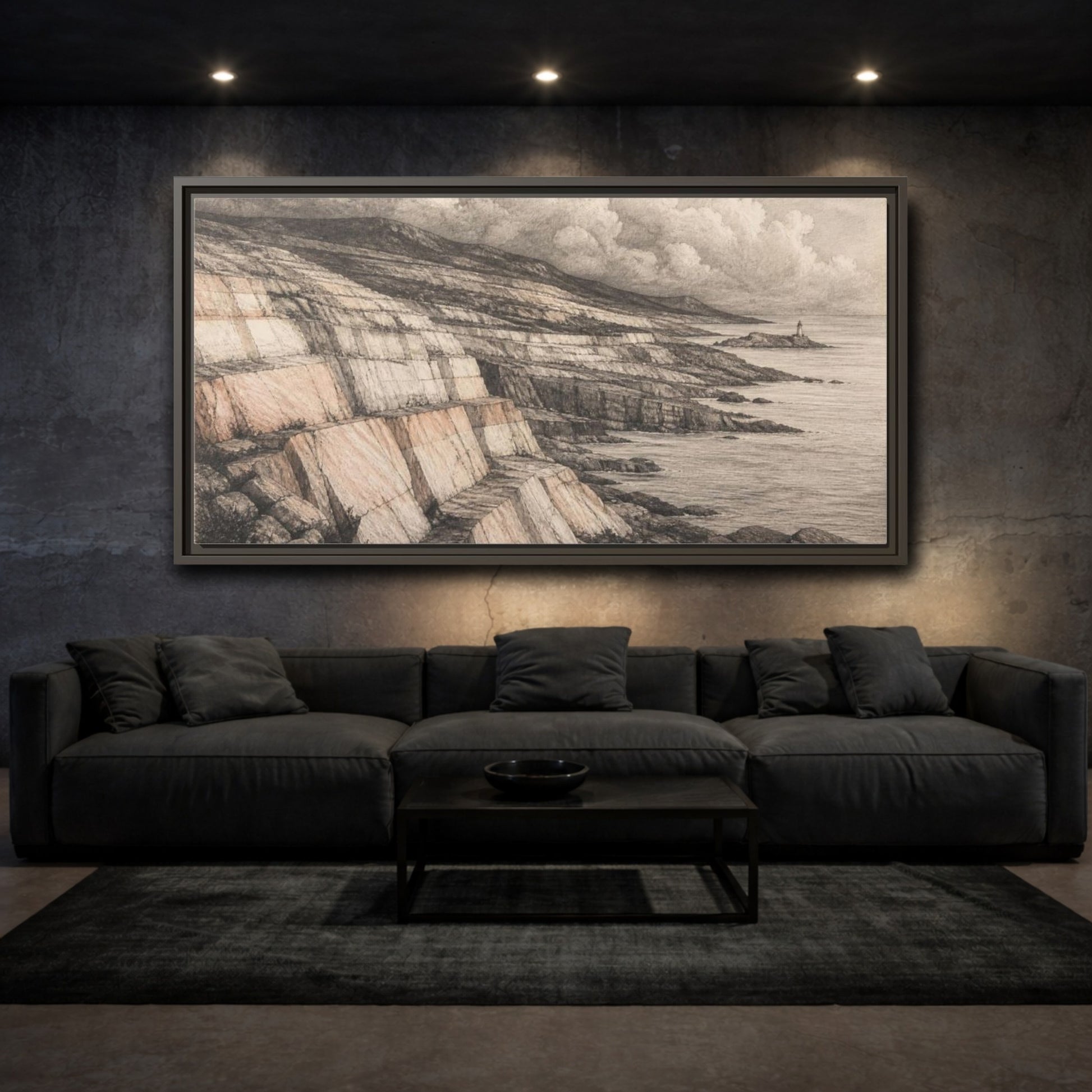 Mockup 3. Stone Strata Coastline shown as framed canvas print