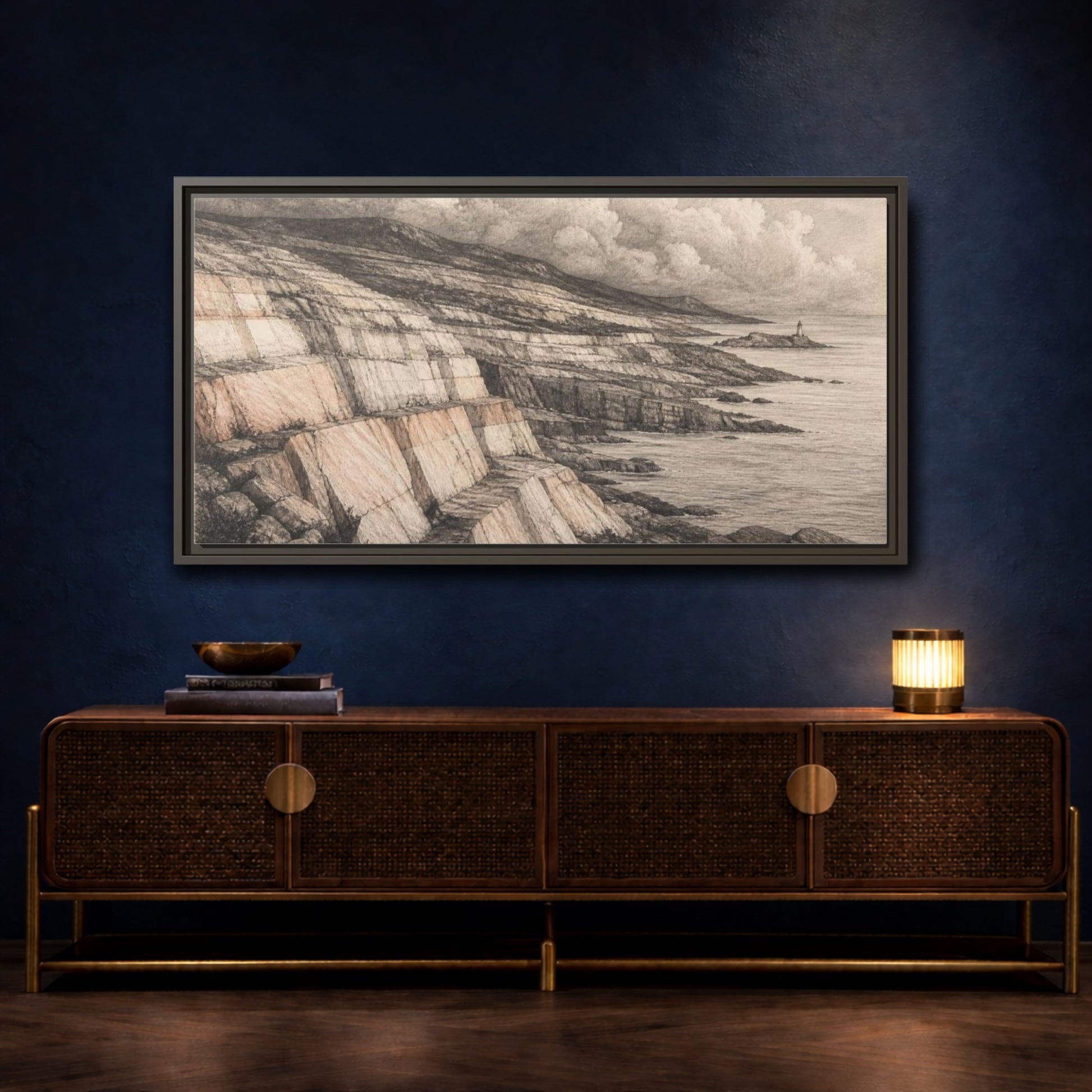 Mockup 4. Stone Strata Coastline shown as framed canvas print