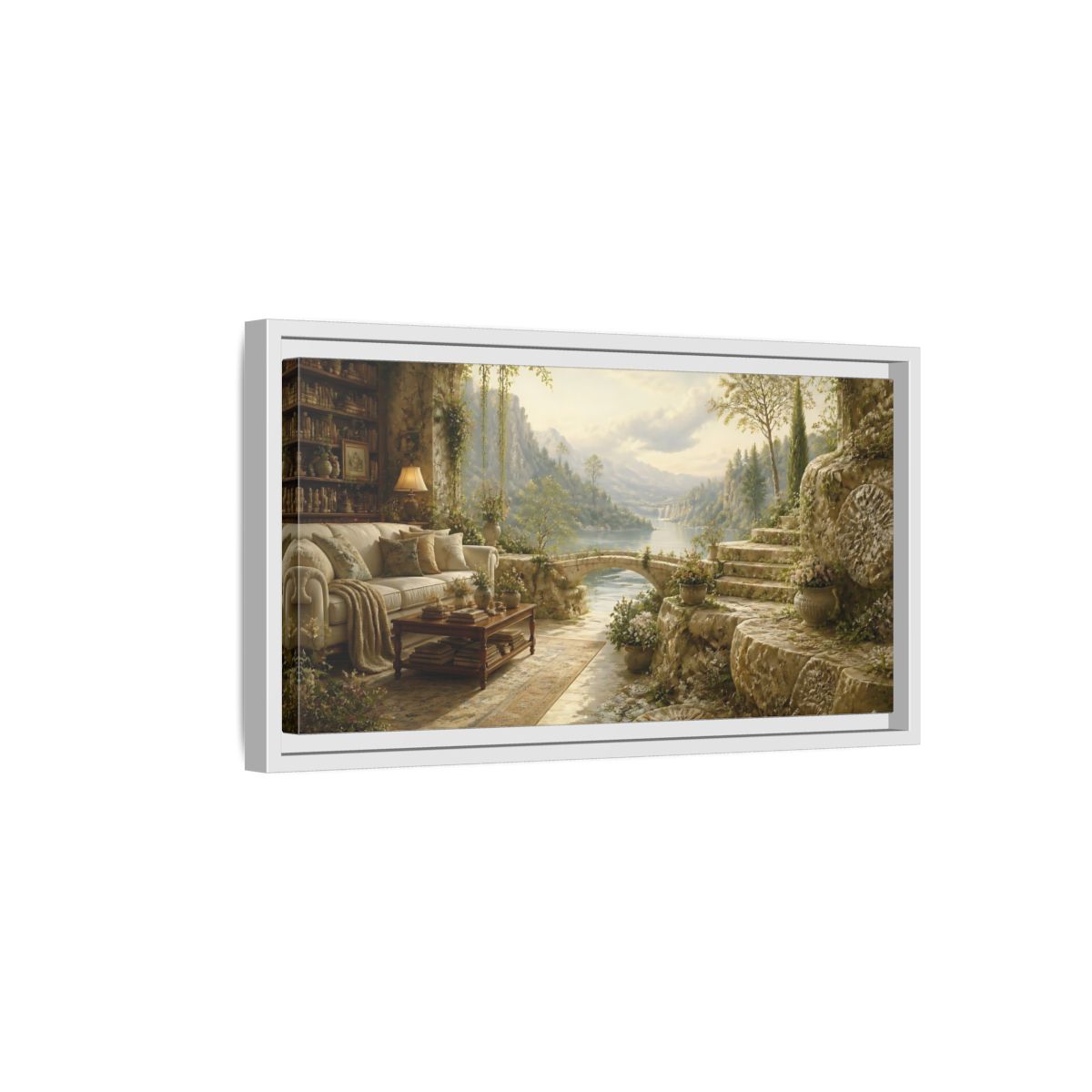 Side Mockup 6. Stone Terrace Lake View shown as framed canvas print