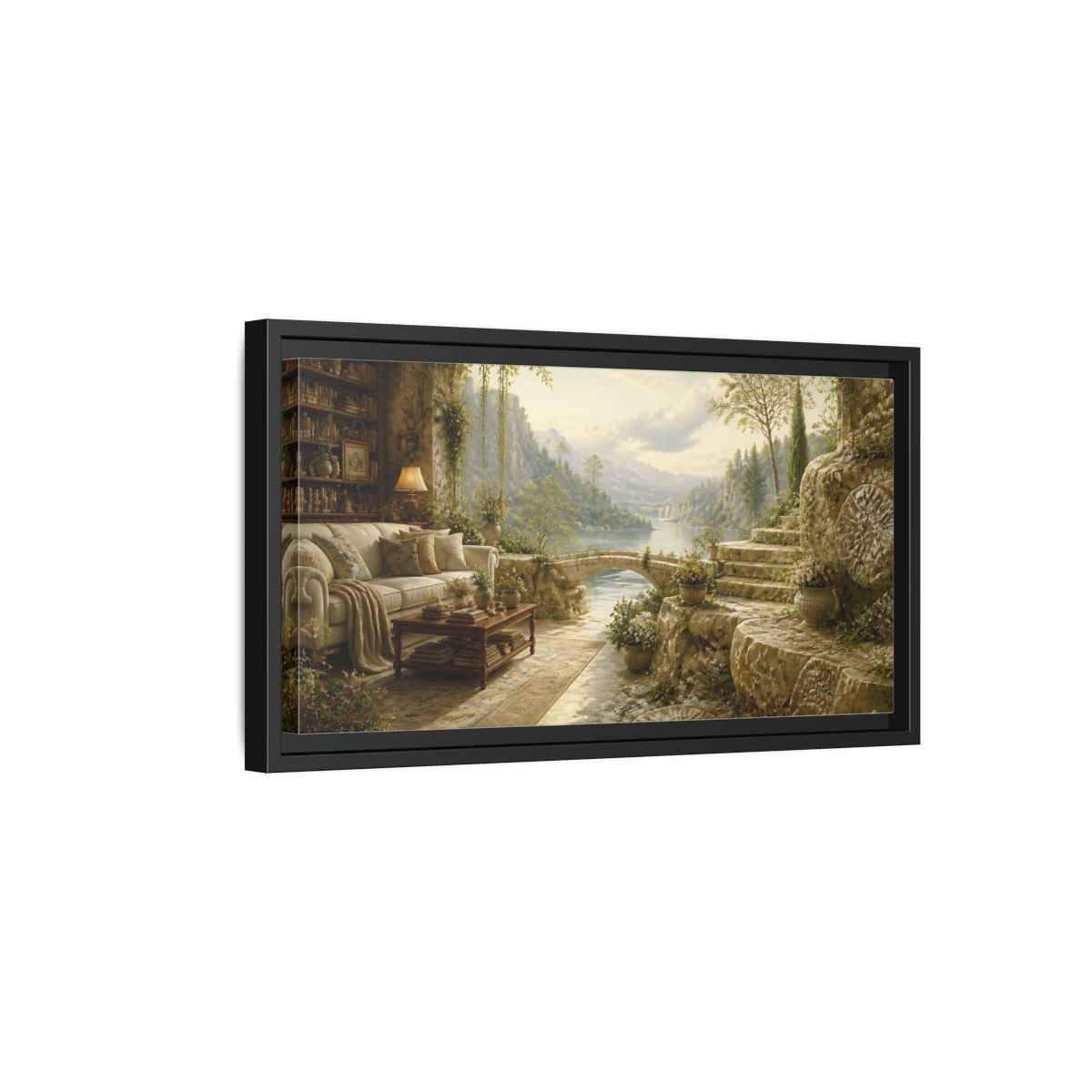 Side Mockup 8. Stone Terrace Lake View shown as framed canvas print