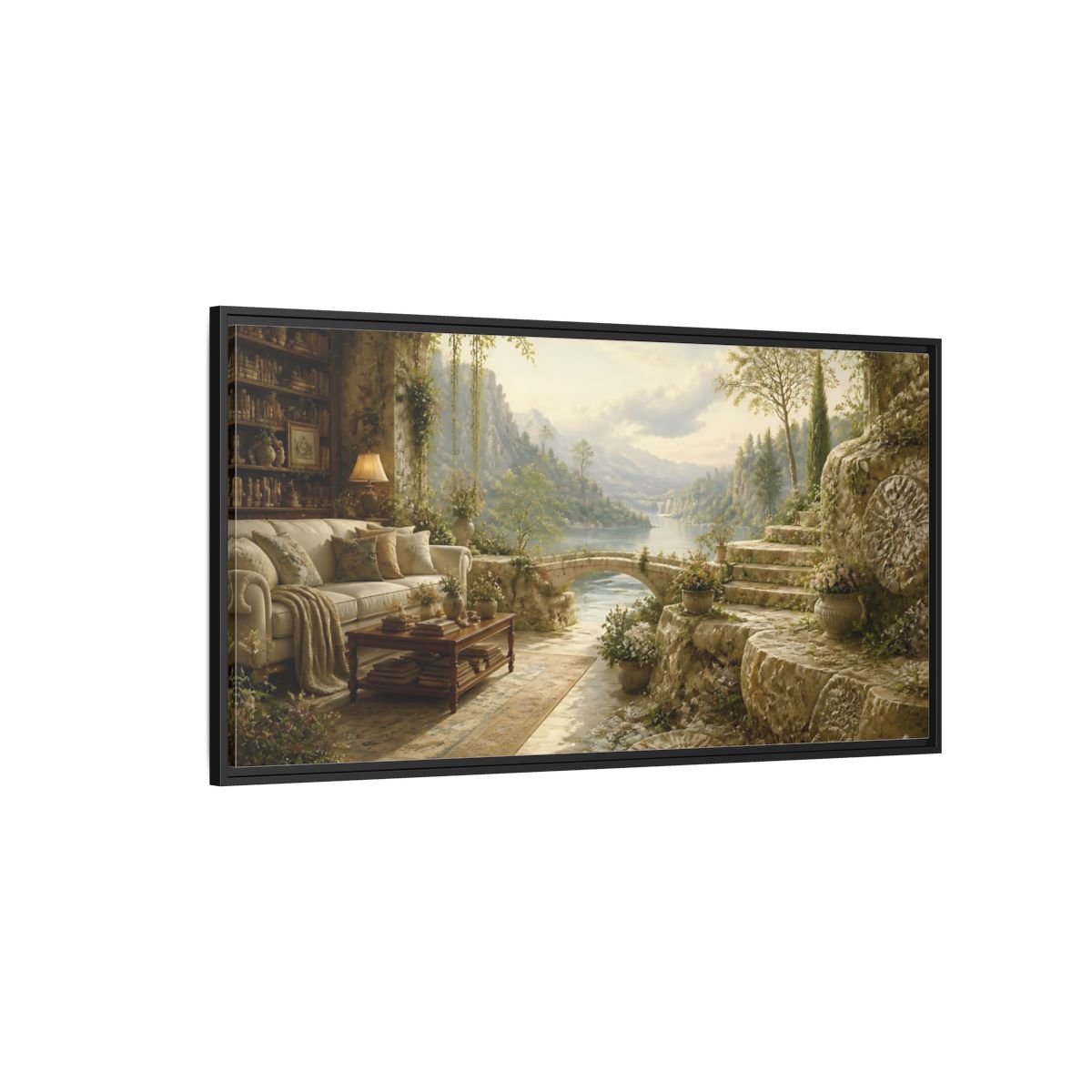 Side Mockup 5. Stone Terrace Lake View shown as framed canvas print
