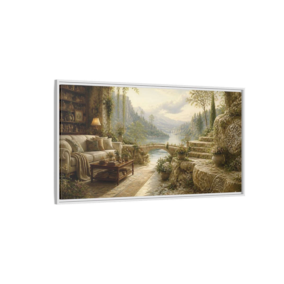 Side Mockup 3. Stone Terrace Lake View shown as framed canvas print