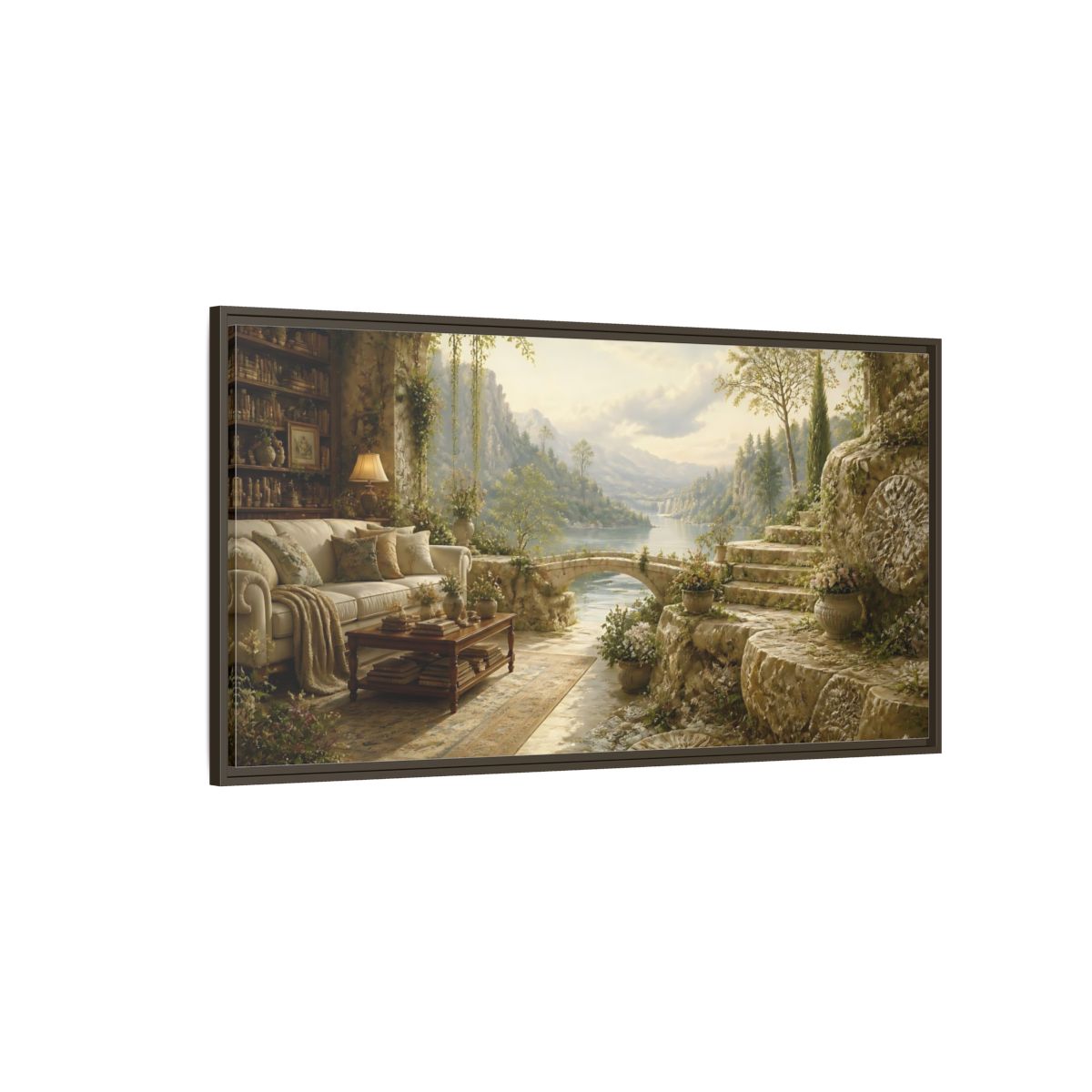 Side Mockup 4. Stone Terrace Lake View shown as framed canvas print
