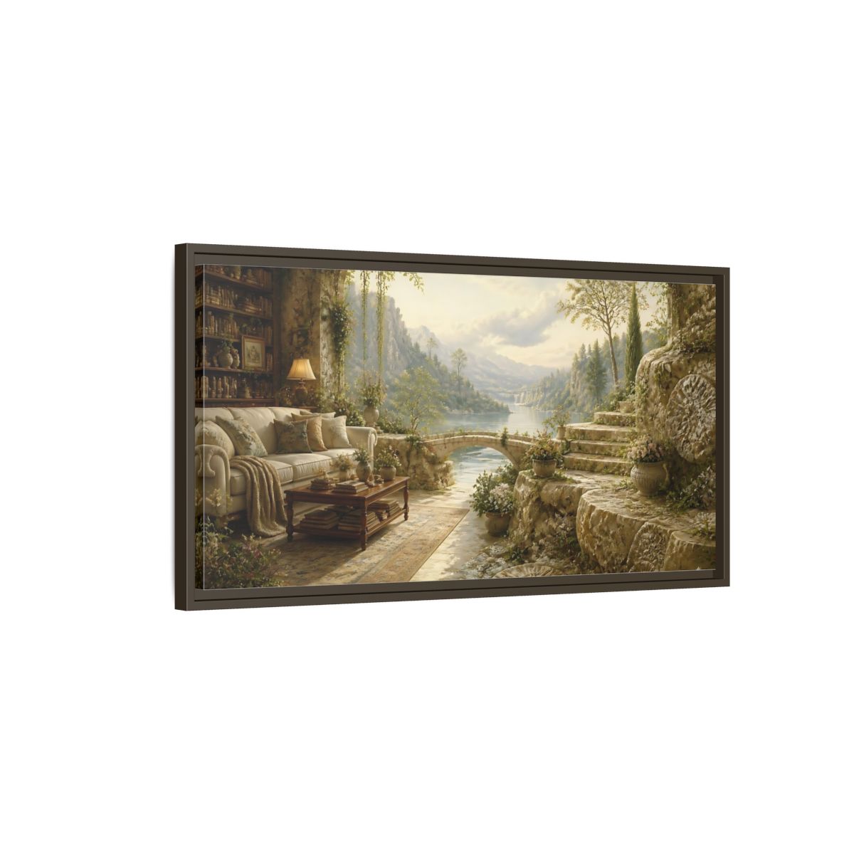 Main Mockup. Stone Terrace Lake View shown as framed canvas print
