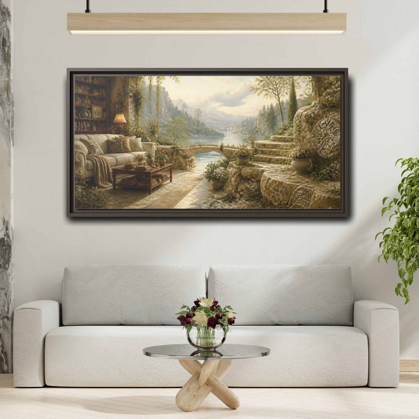 Mockup 2. Stone Terrace Lake View shown as framed canvas print