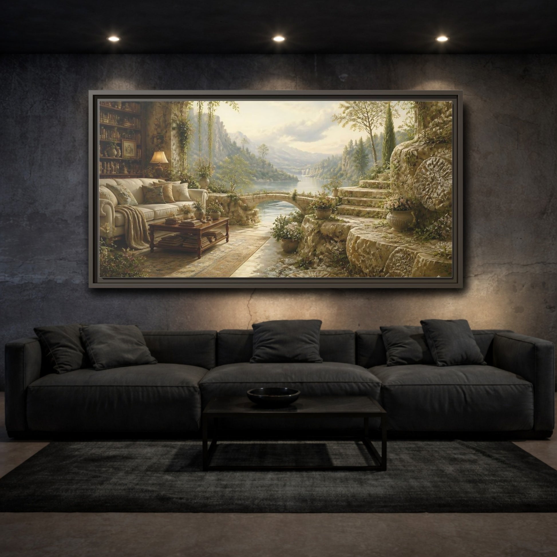 Mockup 3. Stone Terrace Lake View shown as framed canvas print