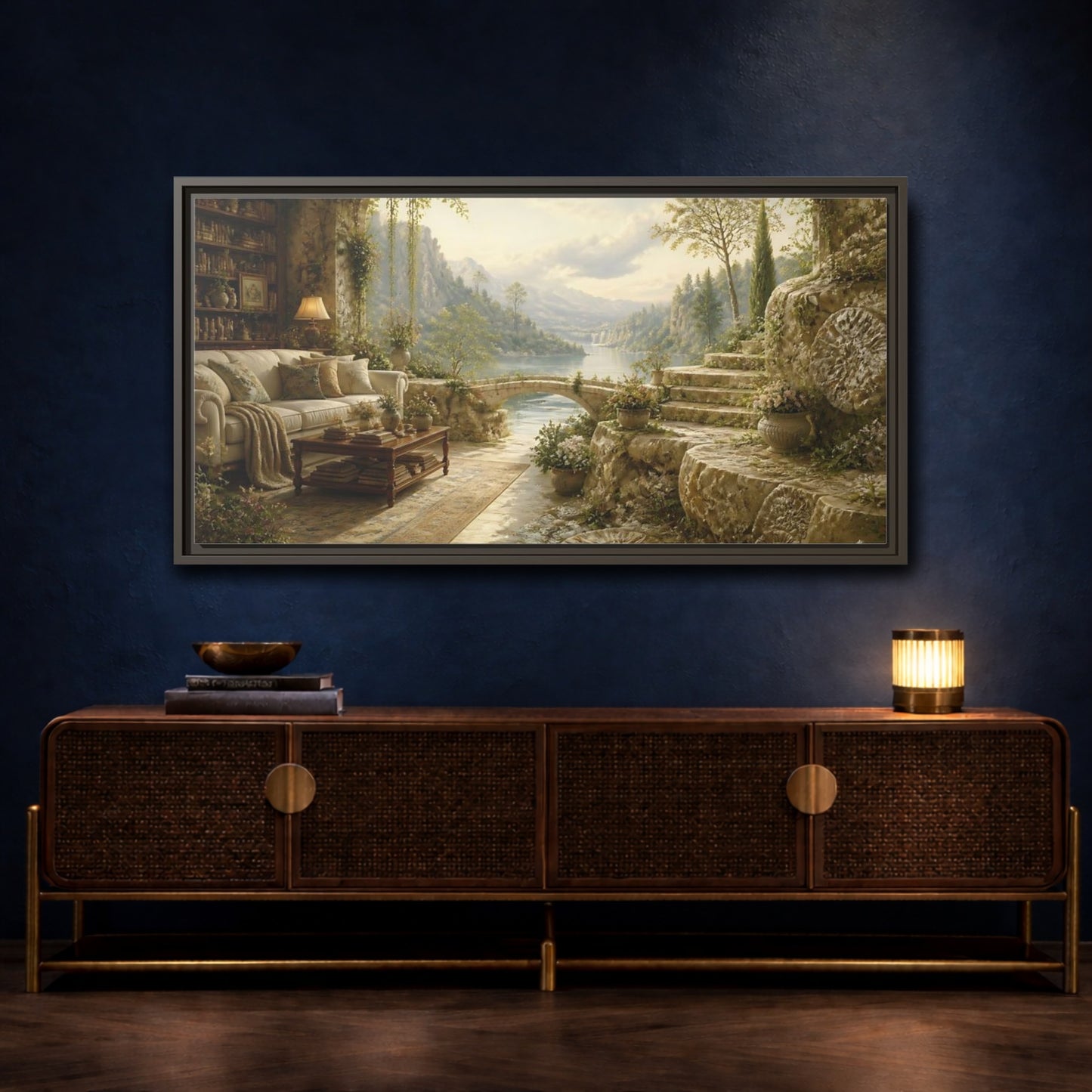 Mockup 4. Stone Terrace Lake View shown as framed canvas print
