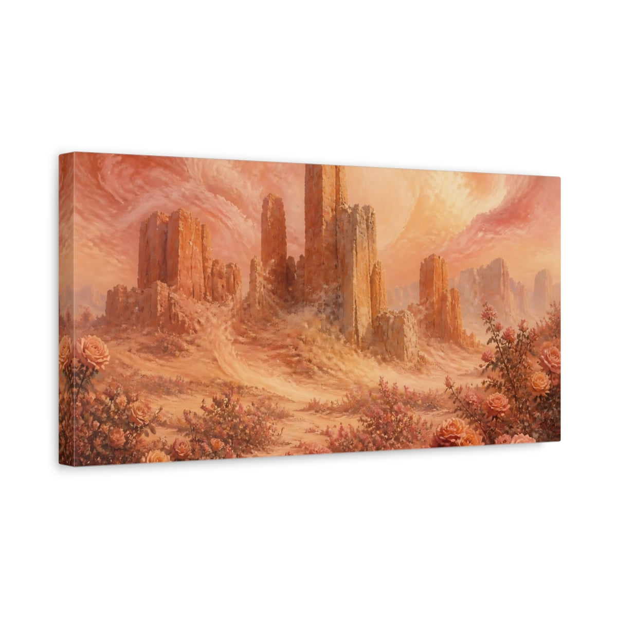 Side Mockup 3. Stone Towers And Roses shown as canvas print