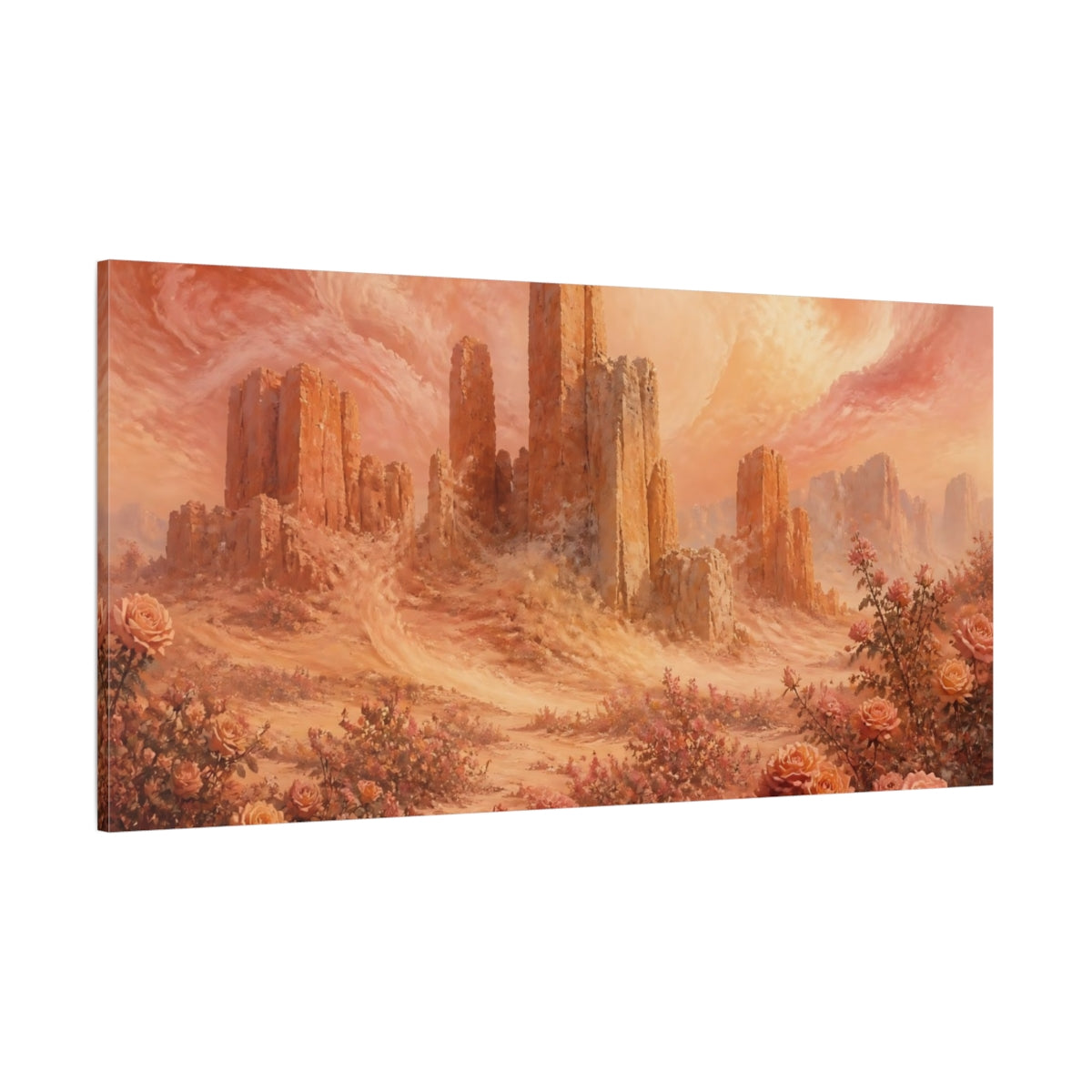 Side Mockup 2. Stone Towers And Roses shown as canvas print