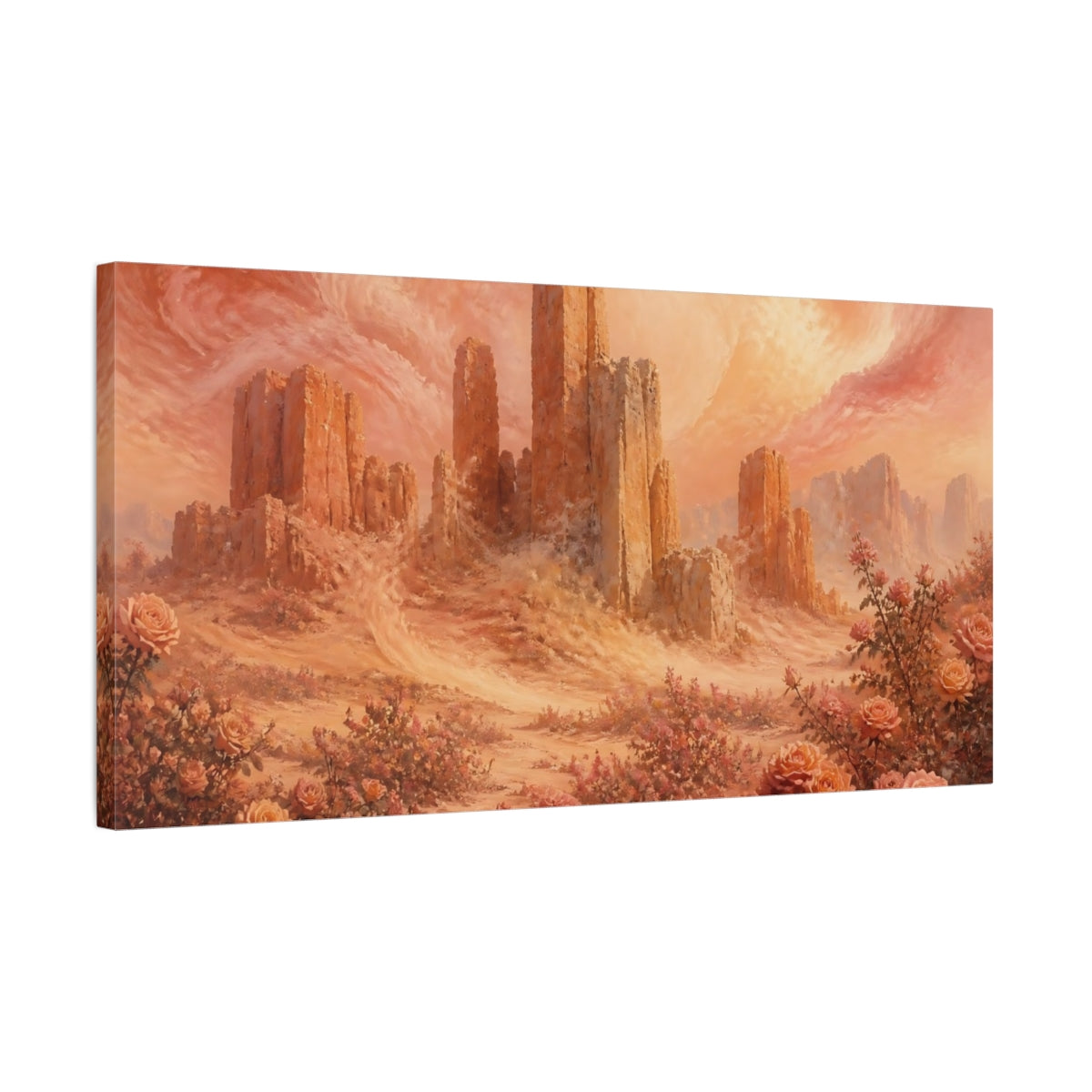 Side Mockup 1. Stone Towers And Roses shown as canvas print