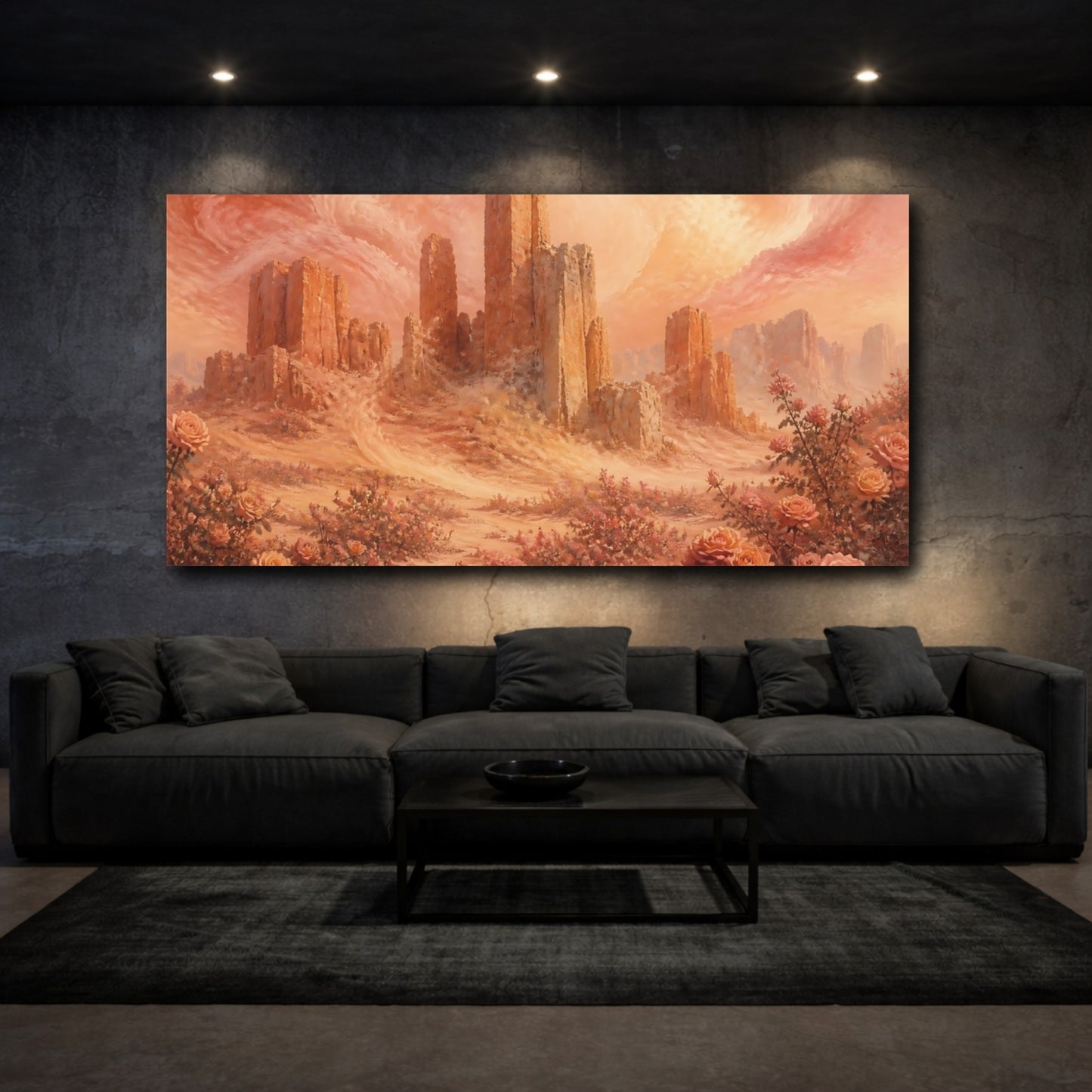 Mockup 3. Stone Towers And Roses shown as canvas print