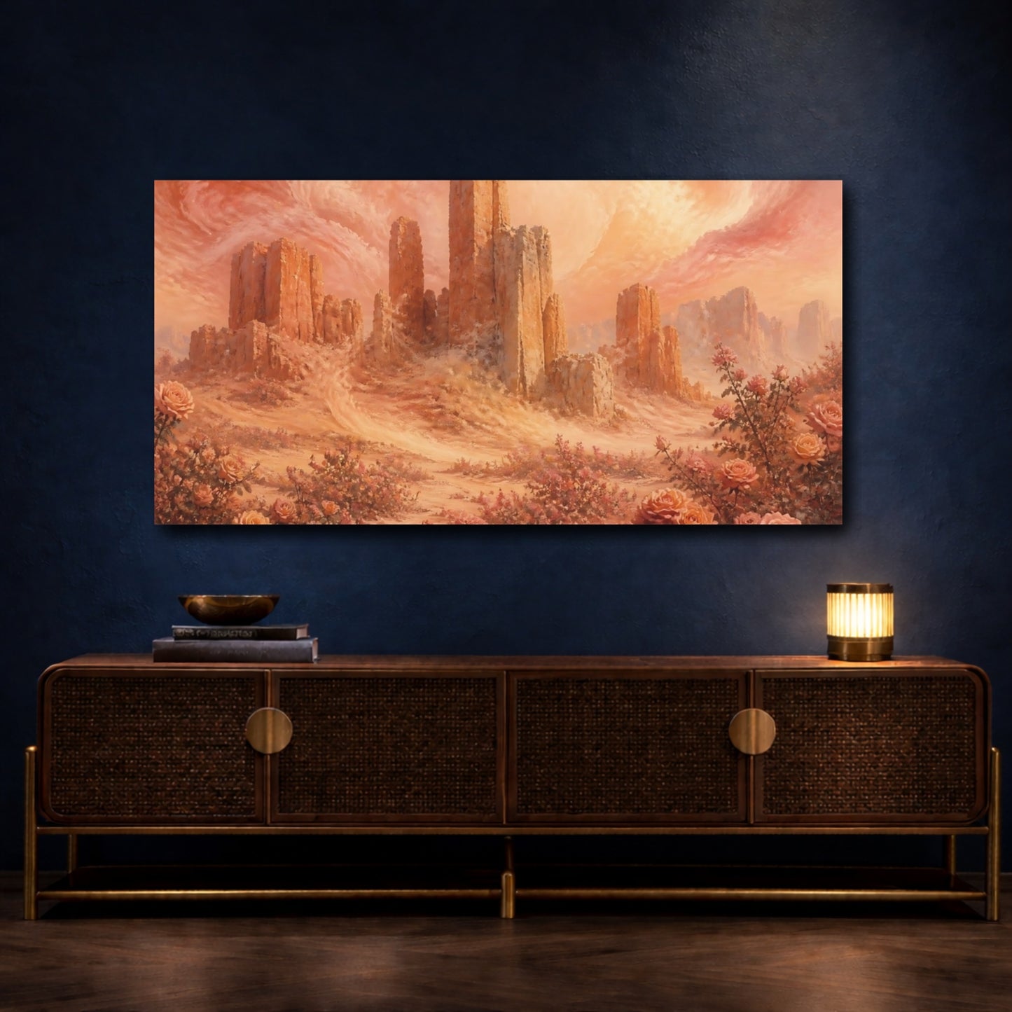 Mockup 4. Stone Towers And Roses shown as canvas print
