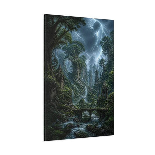 Main Mockup. Storm Over Ancient Forest shown as canvas print