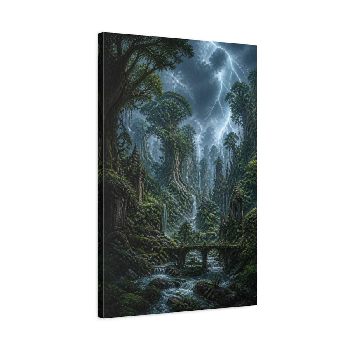 Side Mockup 2. Storm Over Ancient Forest shown as canvas print