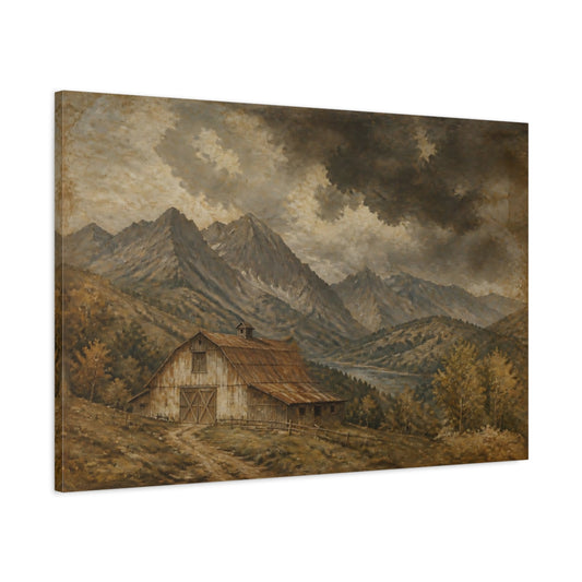 Main Mockup. Storm Over Mountain Barn shown as canvas print