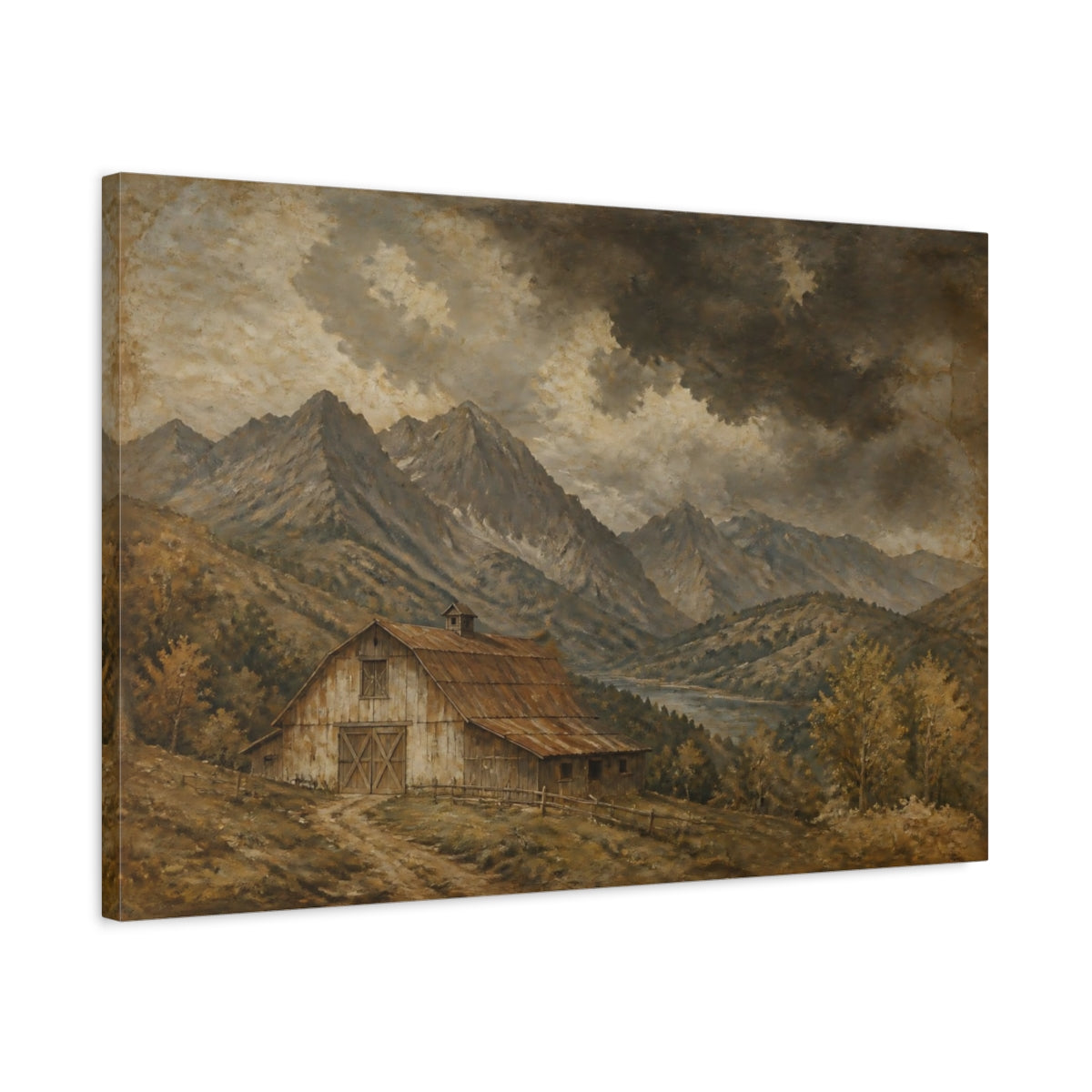 Side Mockup 2. Storm Over Mountain Barn shown as canvas print