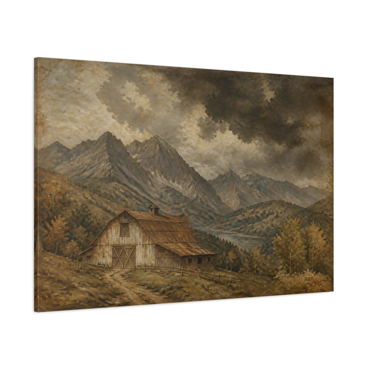 Side Mockup 1. Storm Over Mountain Barn shown as canvas print