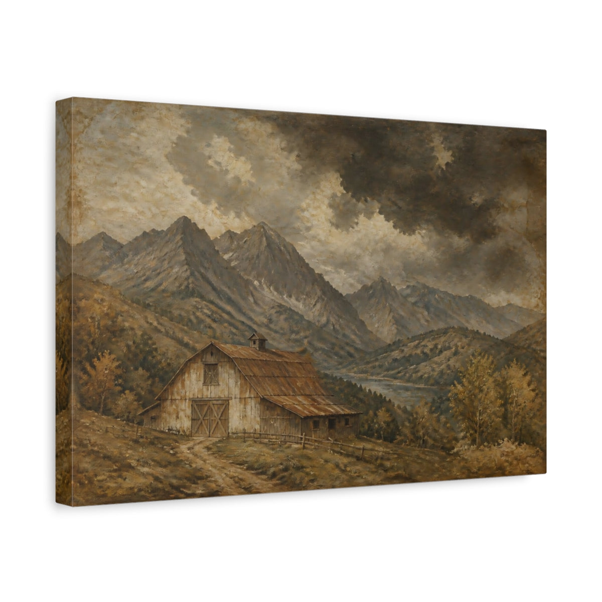 Side Mockup 4. Storm Over Mountain Barn shown as canvas print