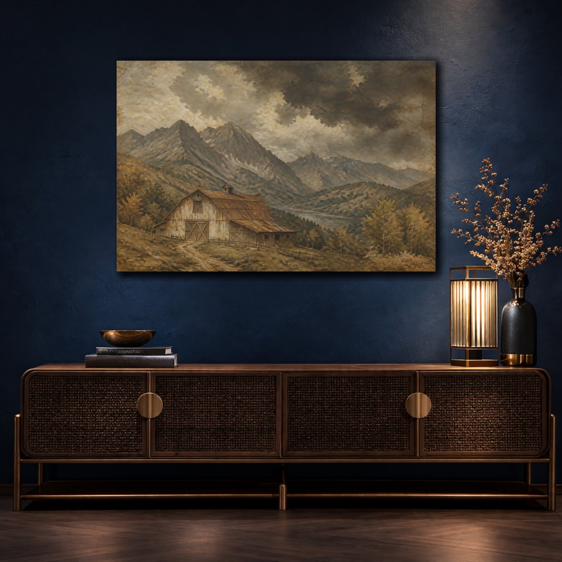 Mockup 4. Storm Over Mountain Barn shown as canvas print