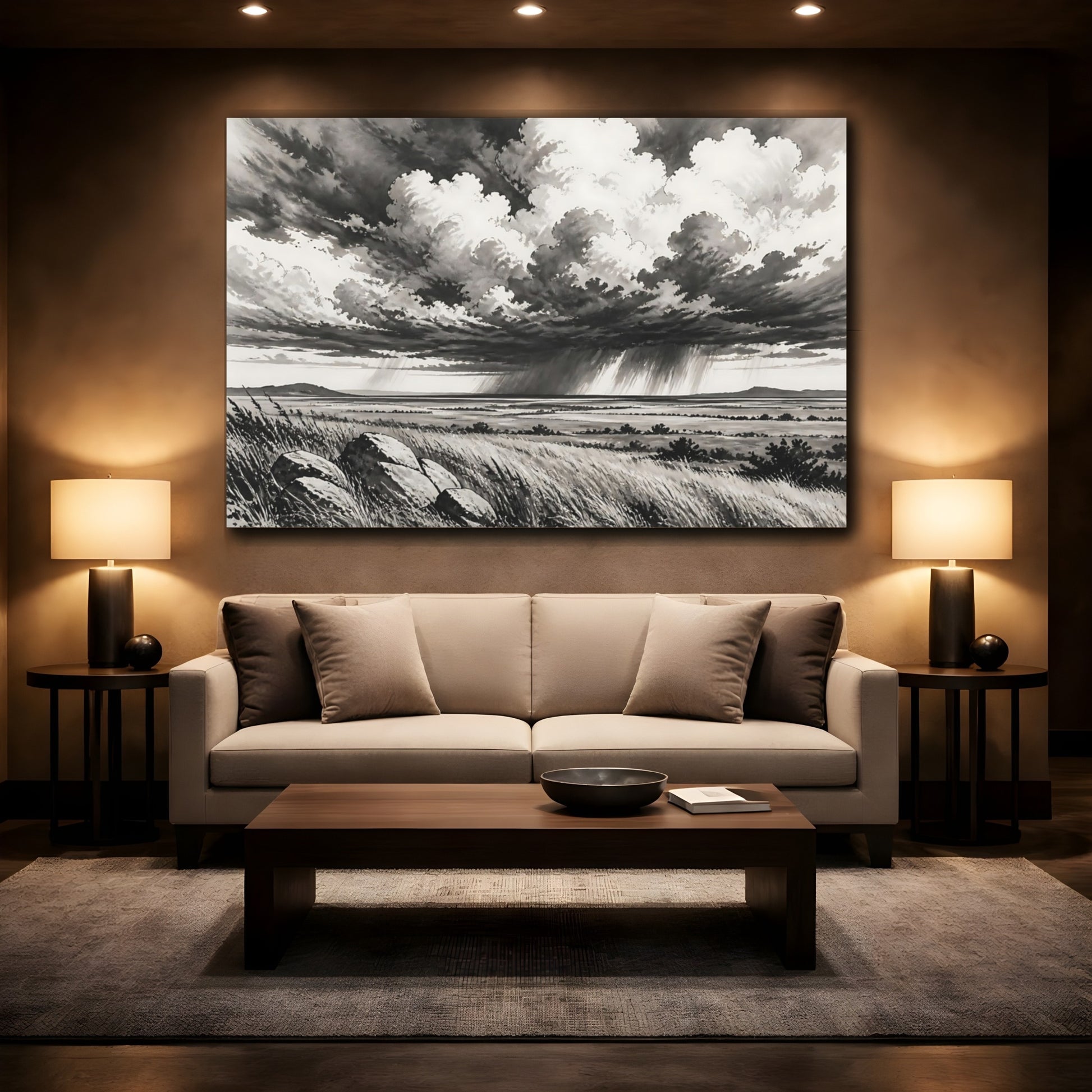 Mockup 2. Storm Over Prairie shown as canvas print