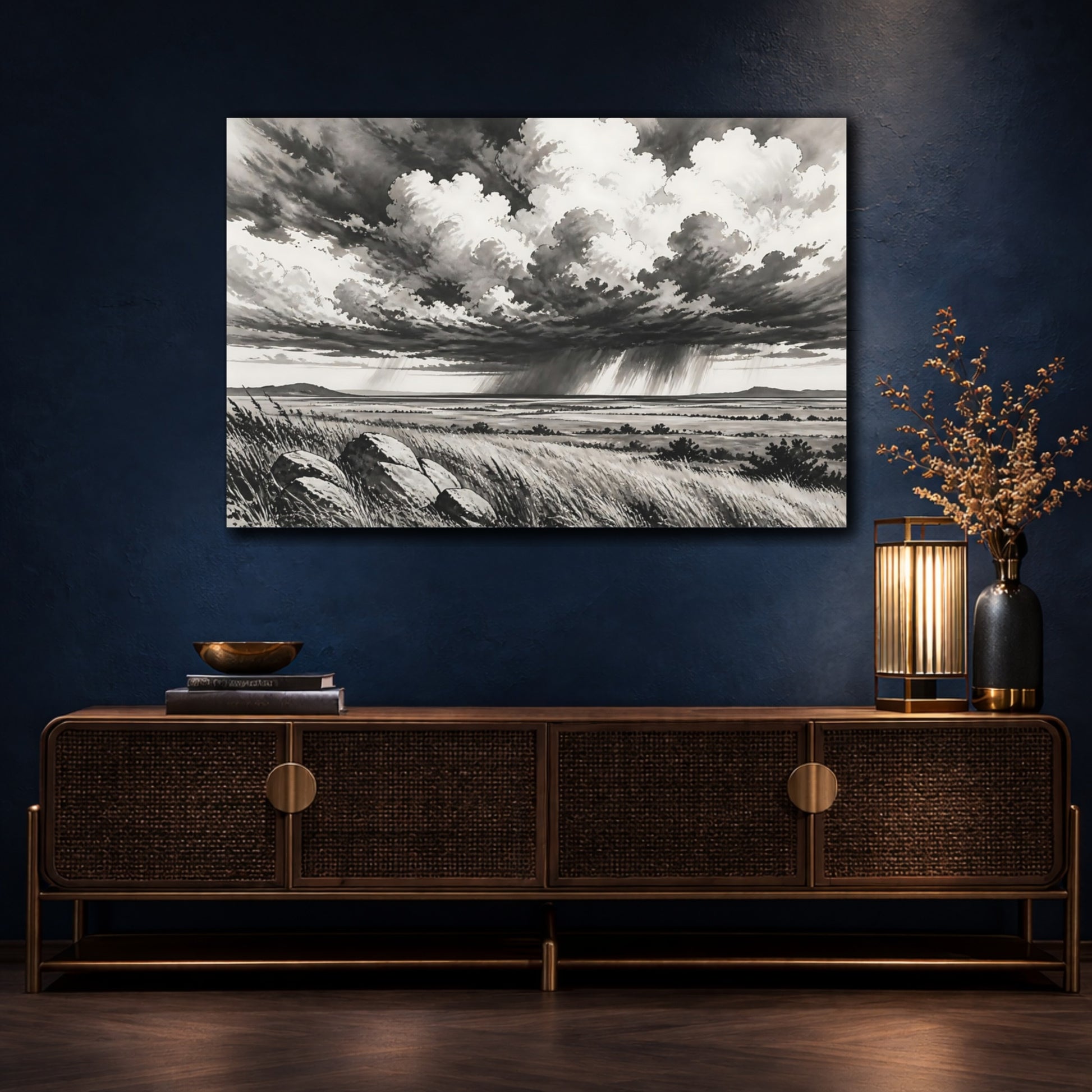 Mockup 4. Storm Over Prairie shown as canvas print