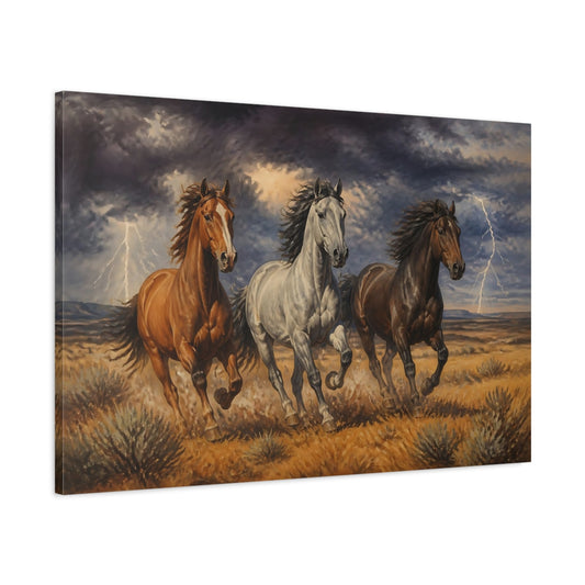 Main Mockup. Storm Run Three Horses shown as canvas print