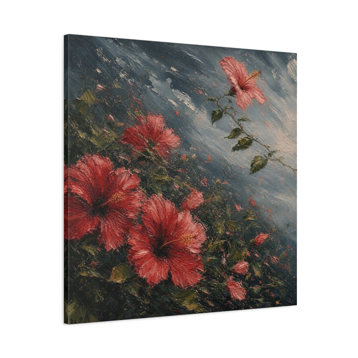 Main Mockup. Storm-Swept Hibiscus Blooms shown as canvas print