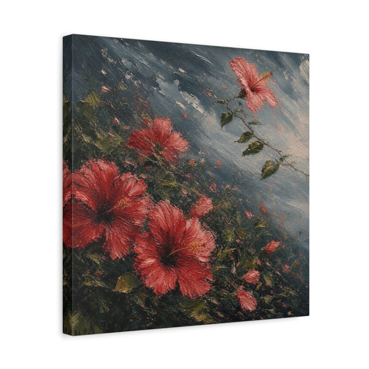 Side Mockup 6. Storm-Swept Hibiscus Blooms shown as canvas print