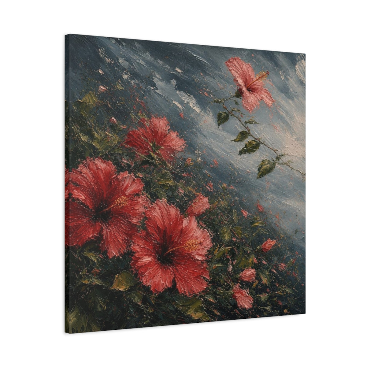 Side Mockup 3. Storm-Swept Hibiscus Blooms shown as canvas print